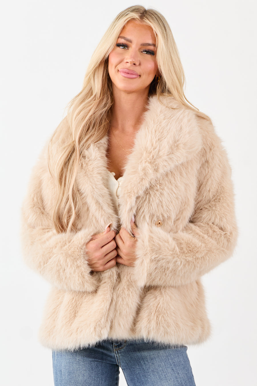 Champagne Lapel Collar Button Up Faux Fur Coat