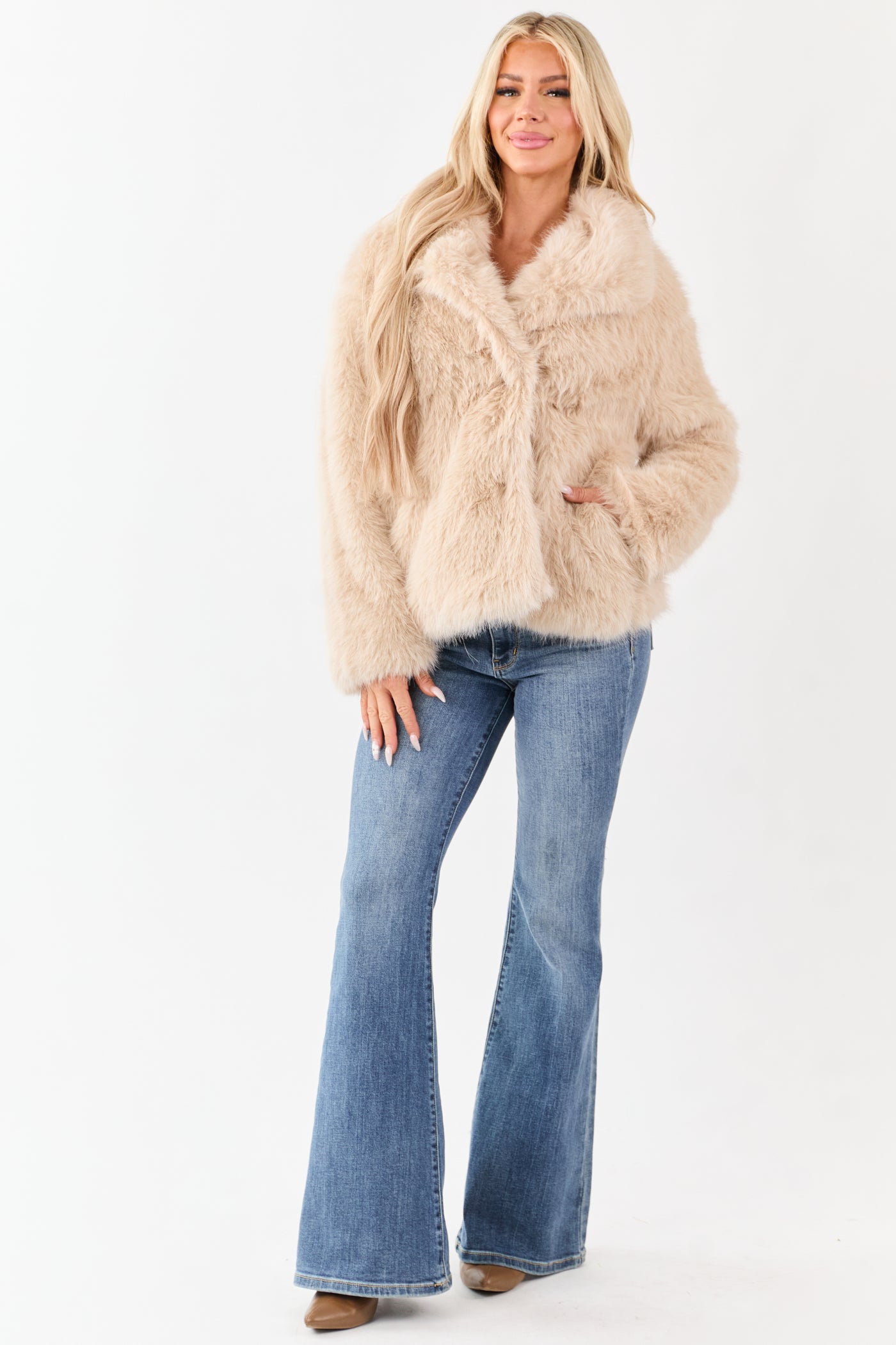 Champagne Lapel Collar Button Up Faux Fur Coat