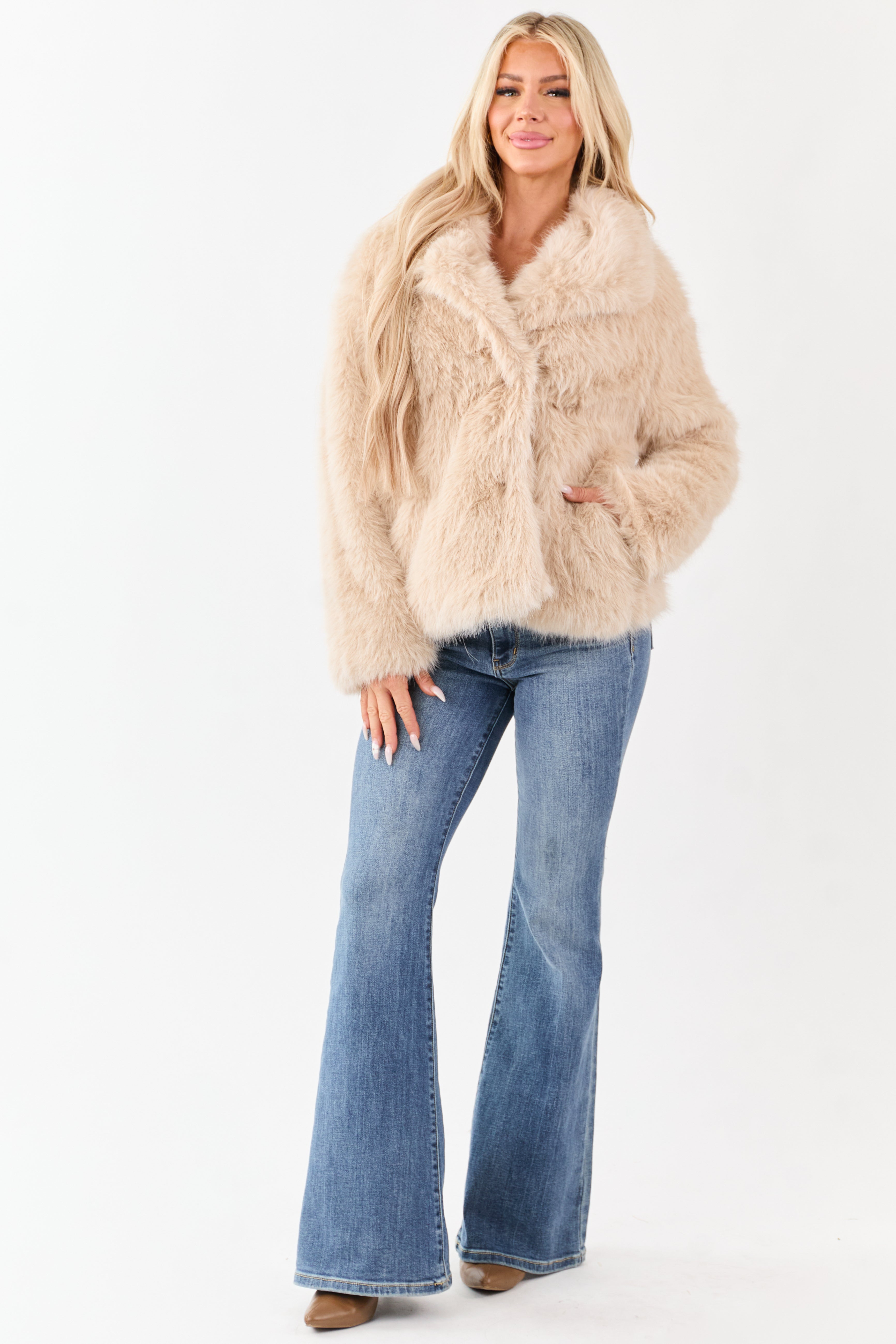 Champagne Lapel Collar Button Up Faux Fur Coat