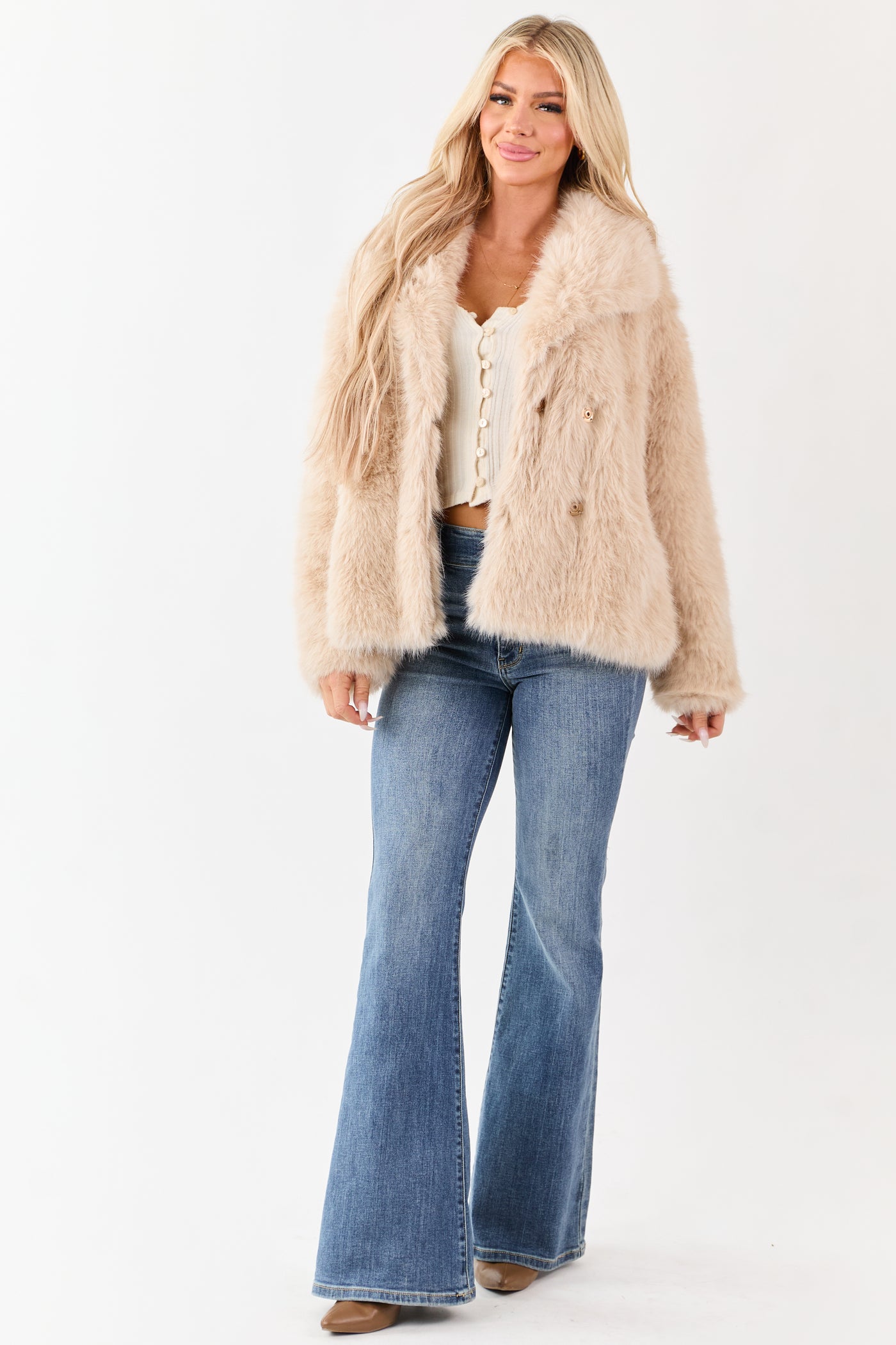 Champagne Lapel Collar Button Up Faux Fur Coat