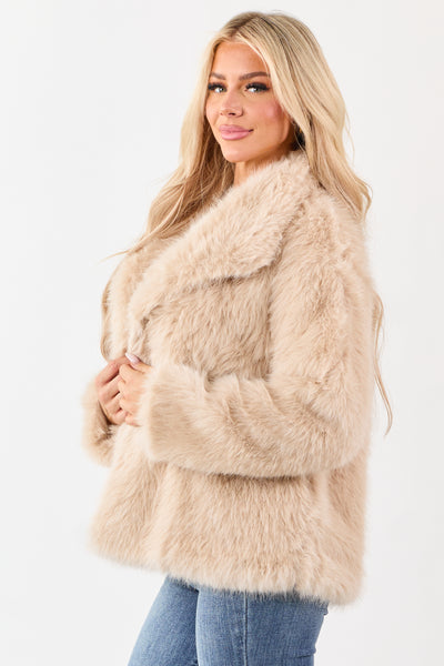Champagne Lapel Collar Button Up Faux Fur Coat