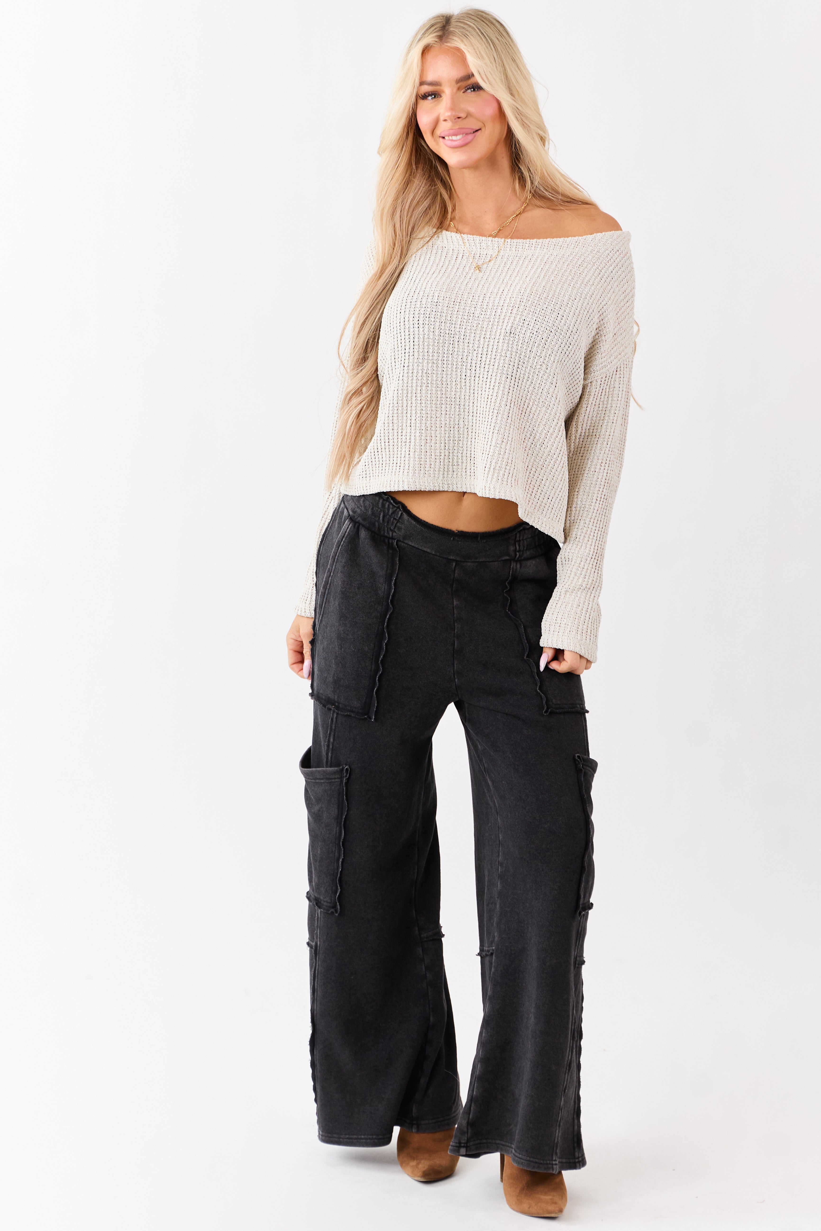 Champagne Open Knit Boxy Long Sleeve Top