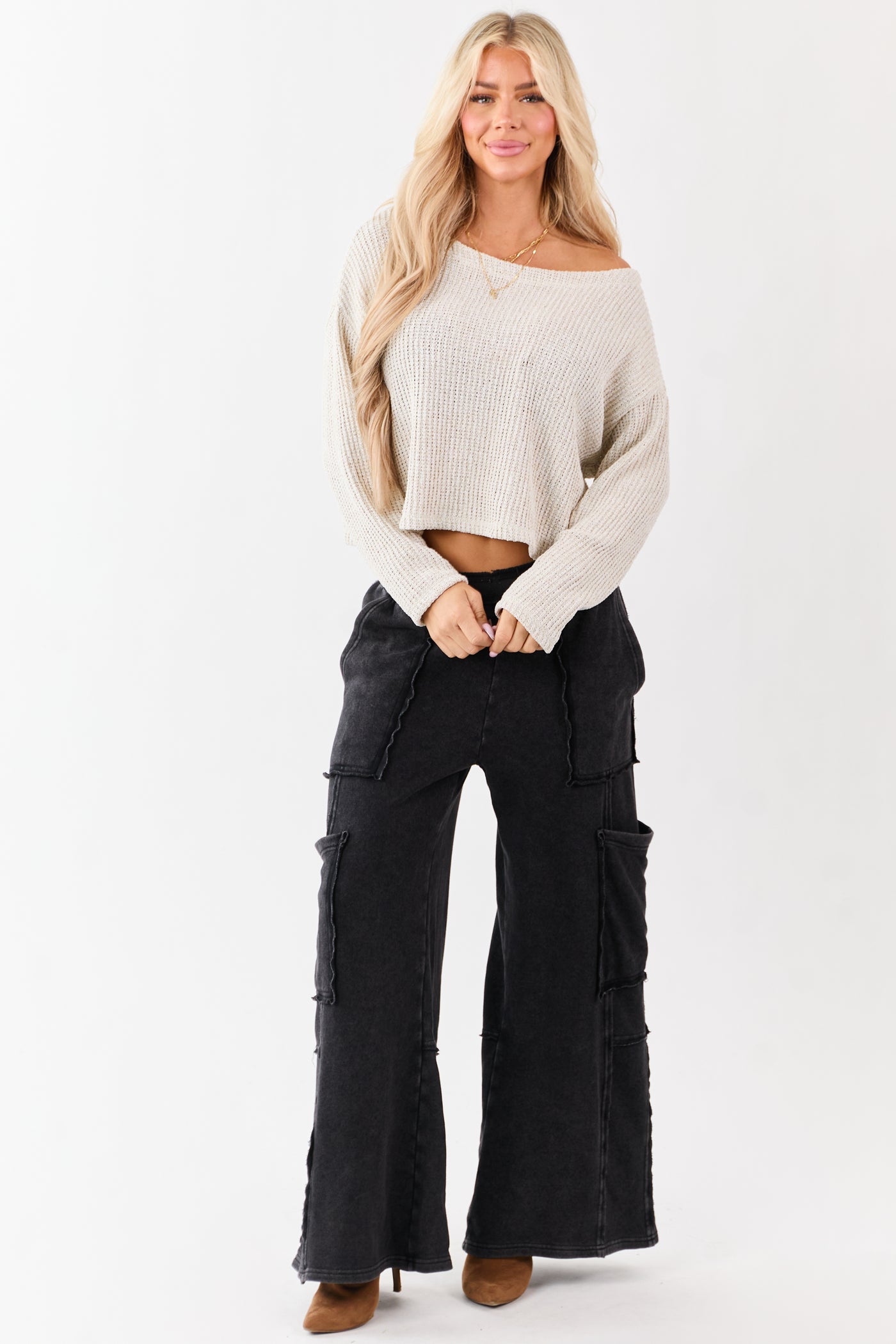 Champagne Open Knit Boxy Long Sleeve Top