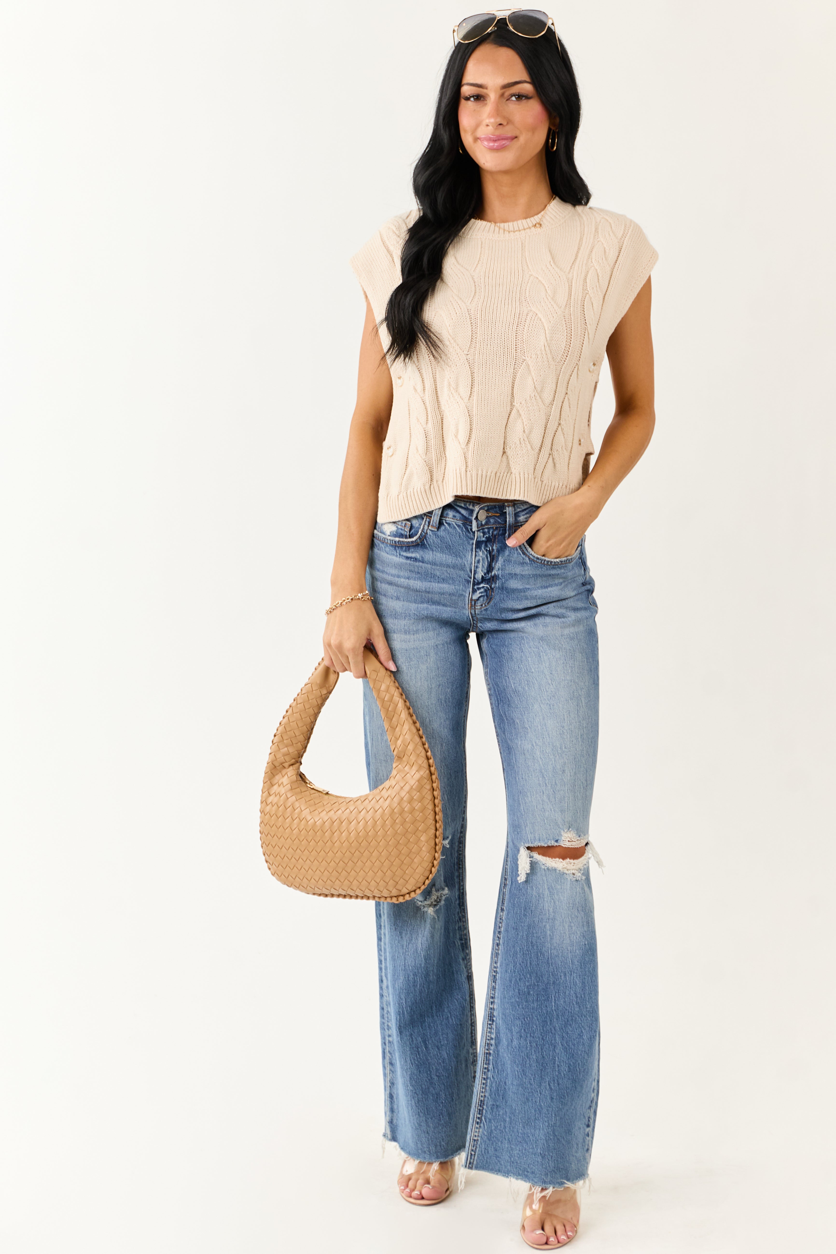 Champagne Open Side Cable Knit Sweater Vest | Lime Lush Boutique