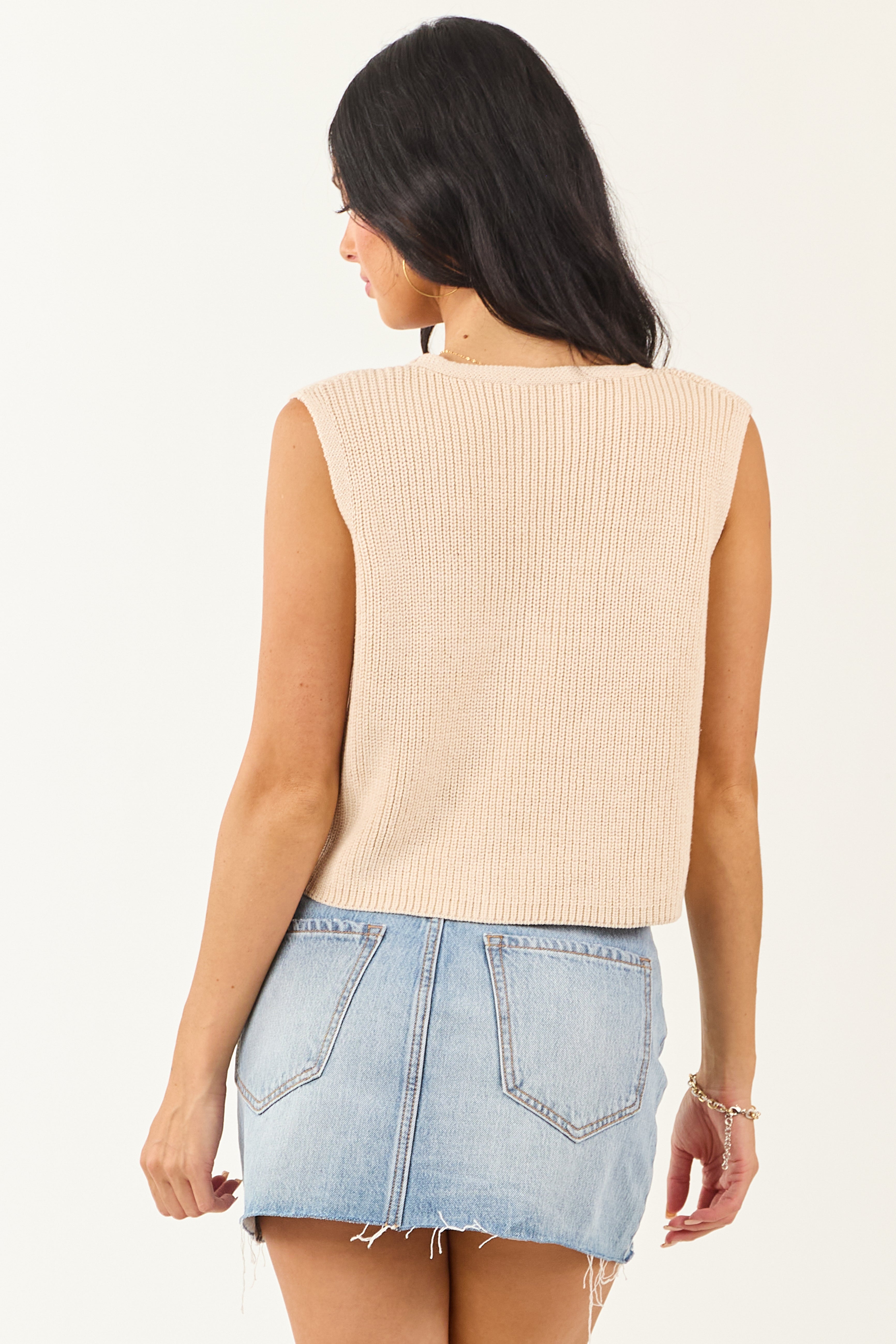 Champagne Ribbed Knit Cropped Button Up Sweater Vest