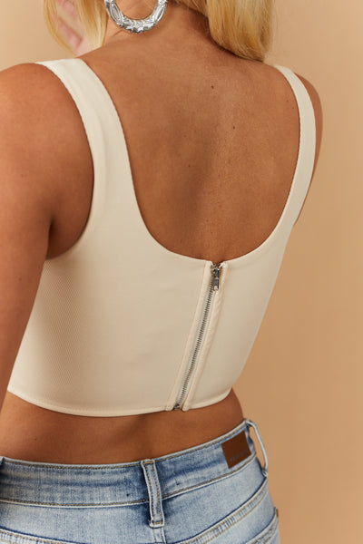 Champagne Ribbed Knit Cropped Corset Tank Top