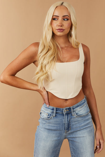 Champagne Ribbed Knit Cropped Corset Tank Top