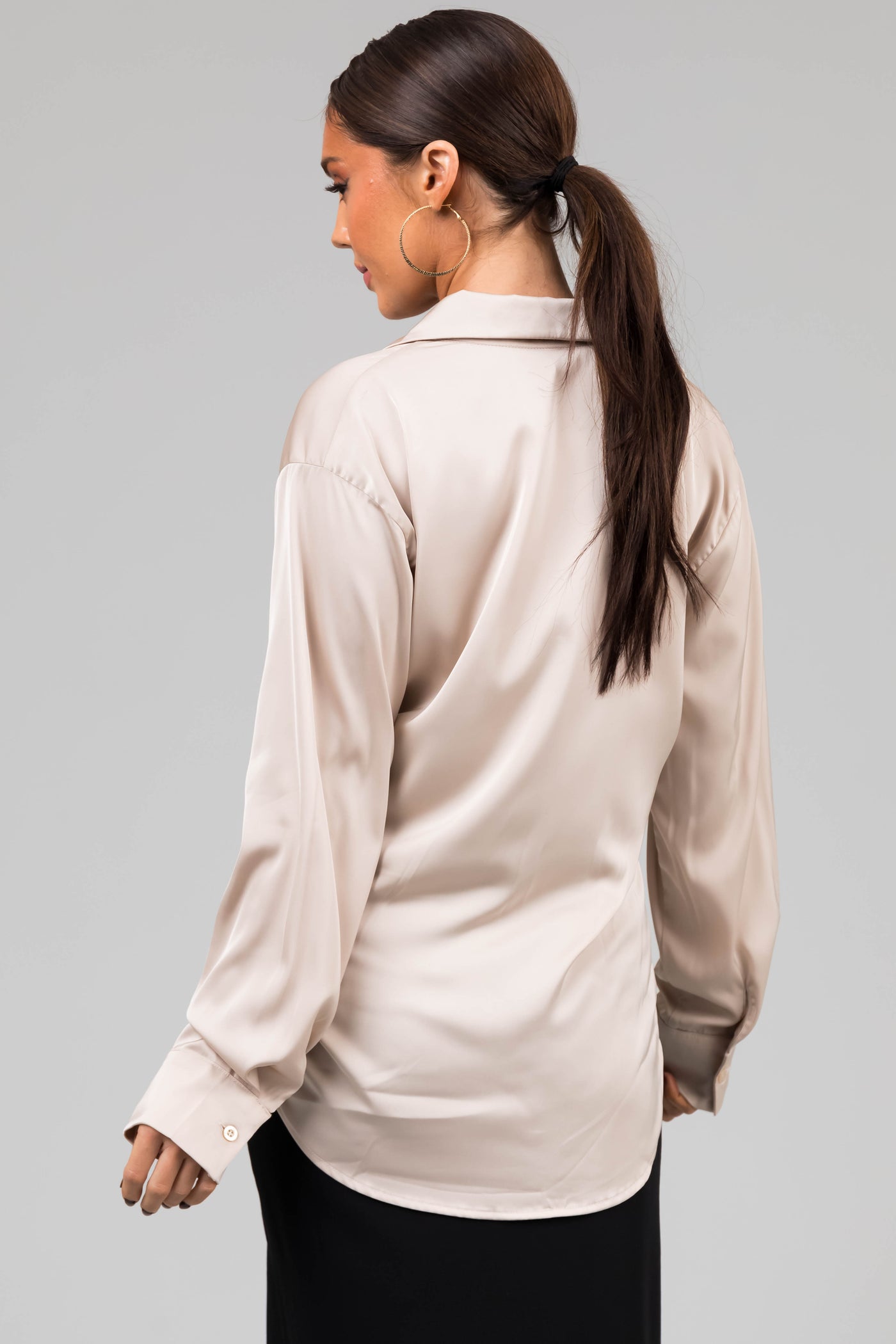 Champagne Satin Button Front Collared Shirt
