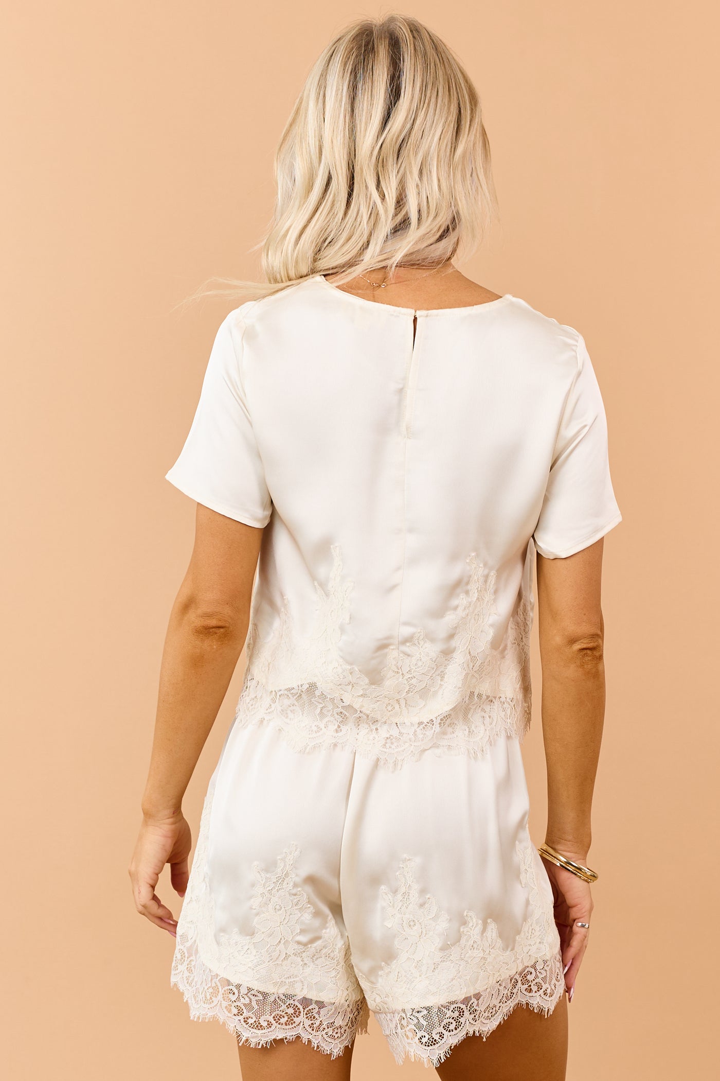 Champagne Satin Eyelash Lace Hem Boxy Top