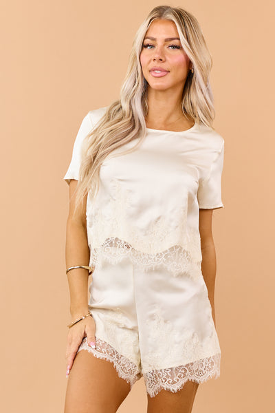 Champagne Satin Eyelash Lace Hem Boxy Top