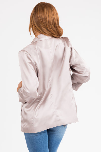 Champagne Satin Shoulder Pad Ruched Cuff Blazer