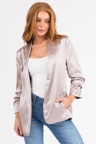 Champagne Satin Shoulder Pad Ruched Cuff Blazer