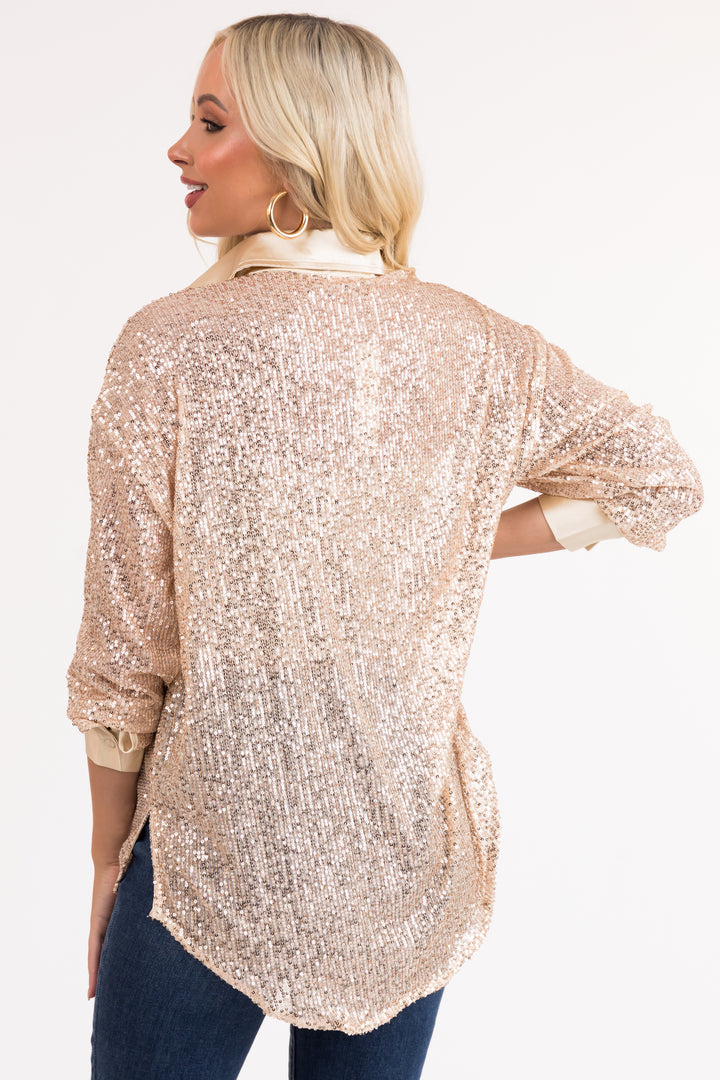 Champagne Sequin Button Down Long Sleeve Top