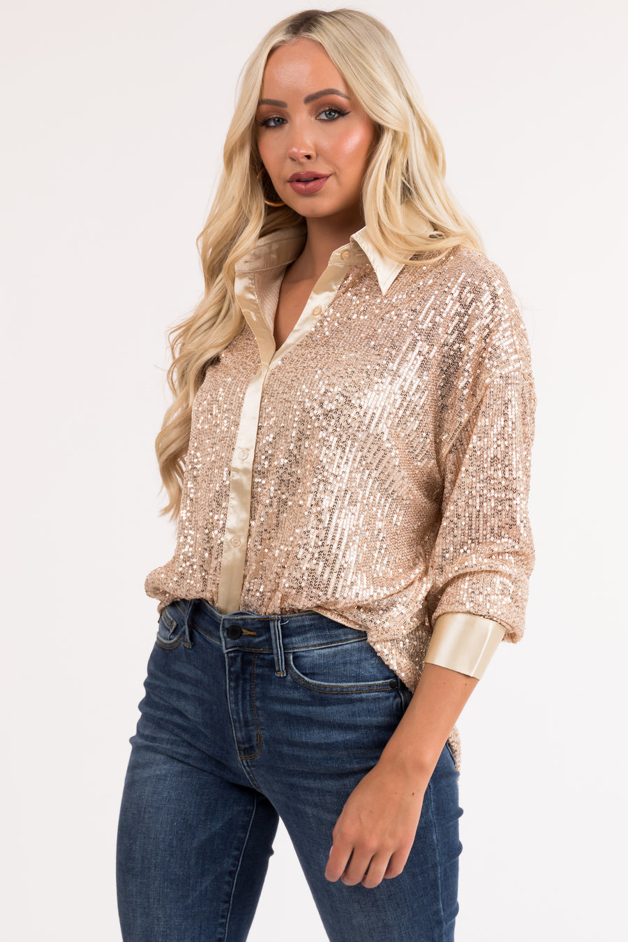 Champagne Sequin Button Down Long Sleeve Top
