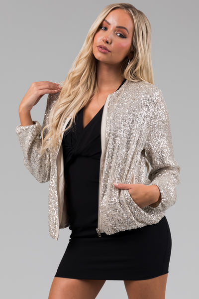 Champagne Sequin Lightweight Bomber Jacket