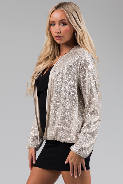 Champagne Sequin Lightweight Bomber Jacket