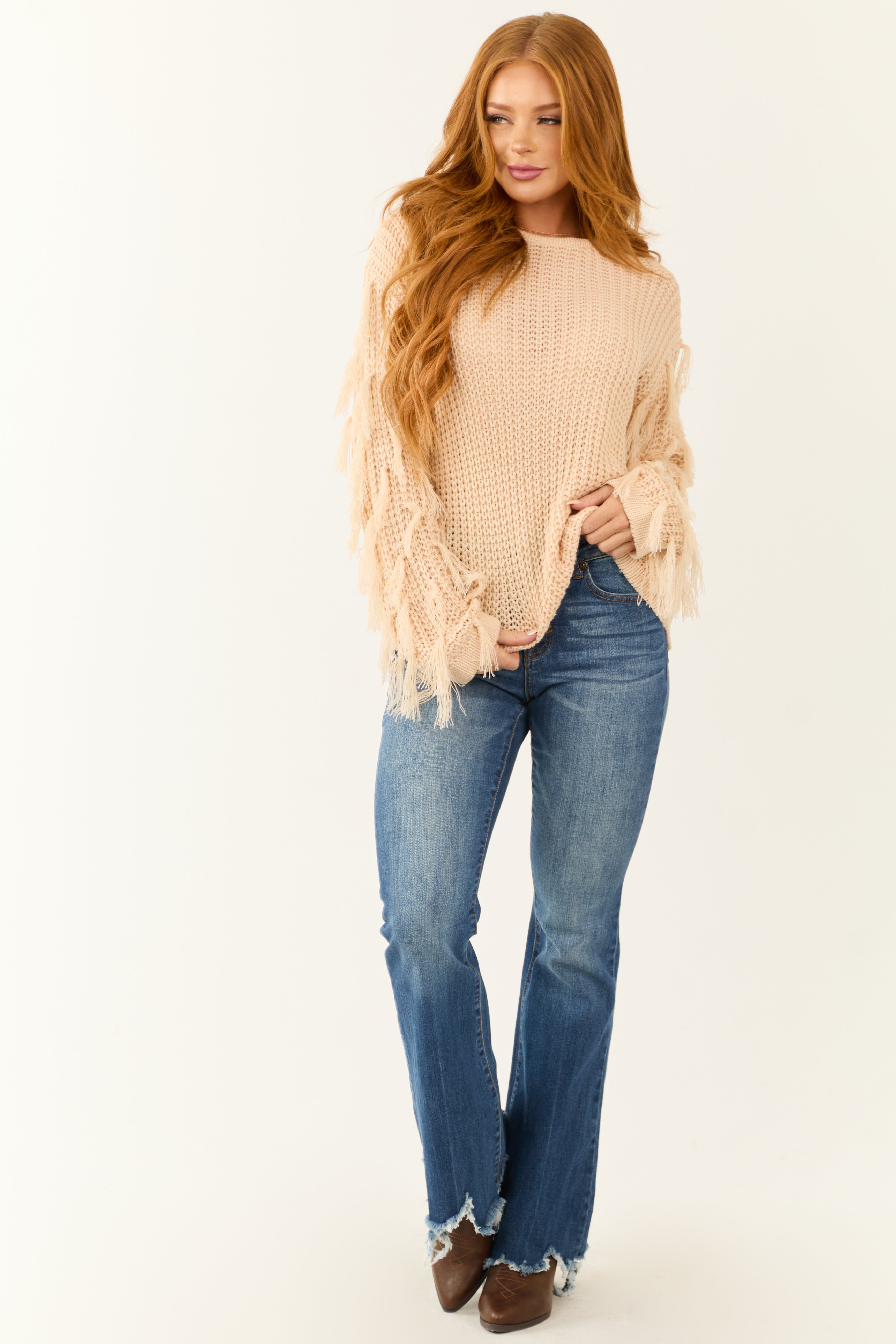 Champagne Tassel Fringe Sleeve Knit Sweater | Lime Lush Boutique