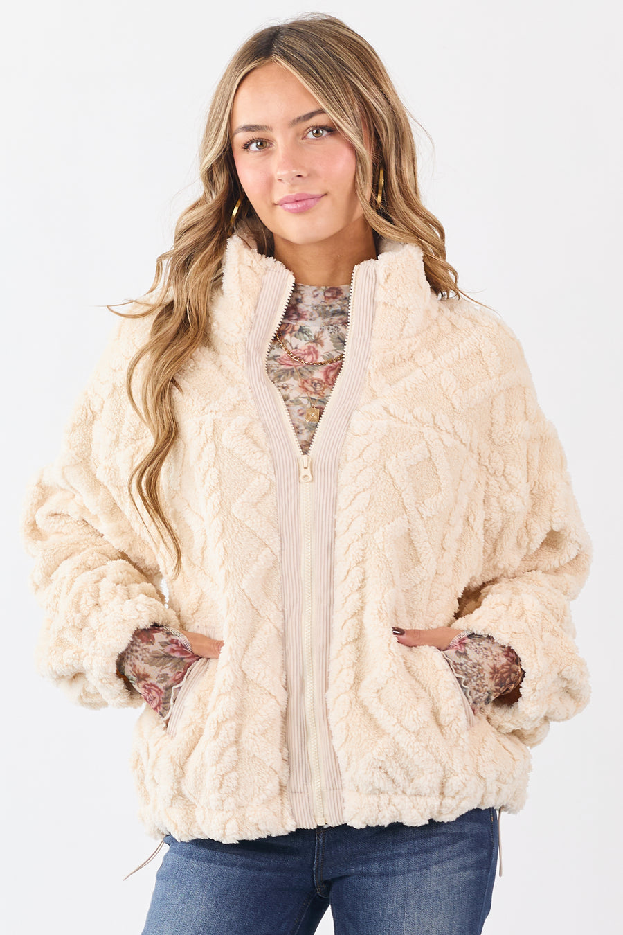 Champagne Teddy Fleece Cable Knit Zip Up Jacket