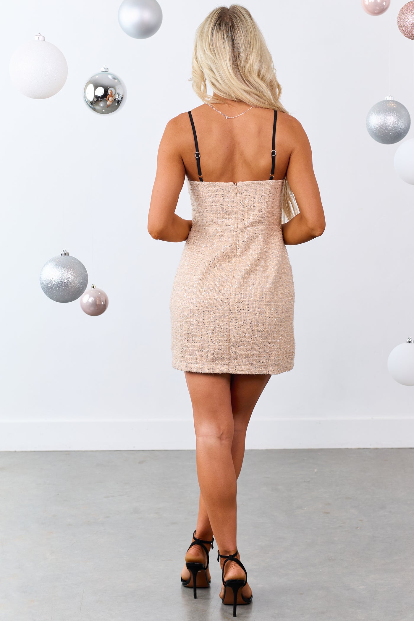 Champagne Tweed Sequin Fitted Mini Dress