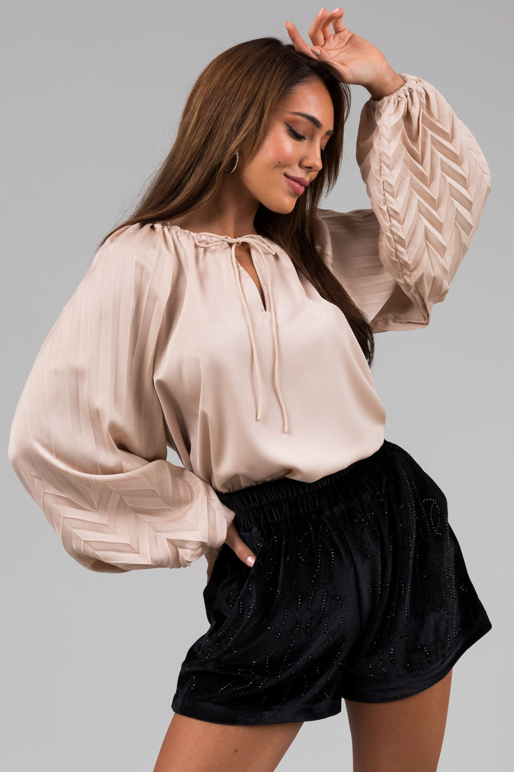 Champagne V Neck Pleated Detail Long Sleeve Top