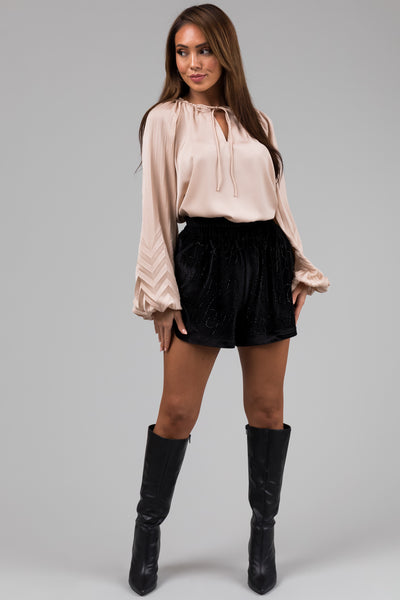 Champagne V Neck Pleated Detail Long Sleeve Top