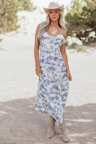 Champagne Vintage Print Linen Blend Maxi Dress