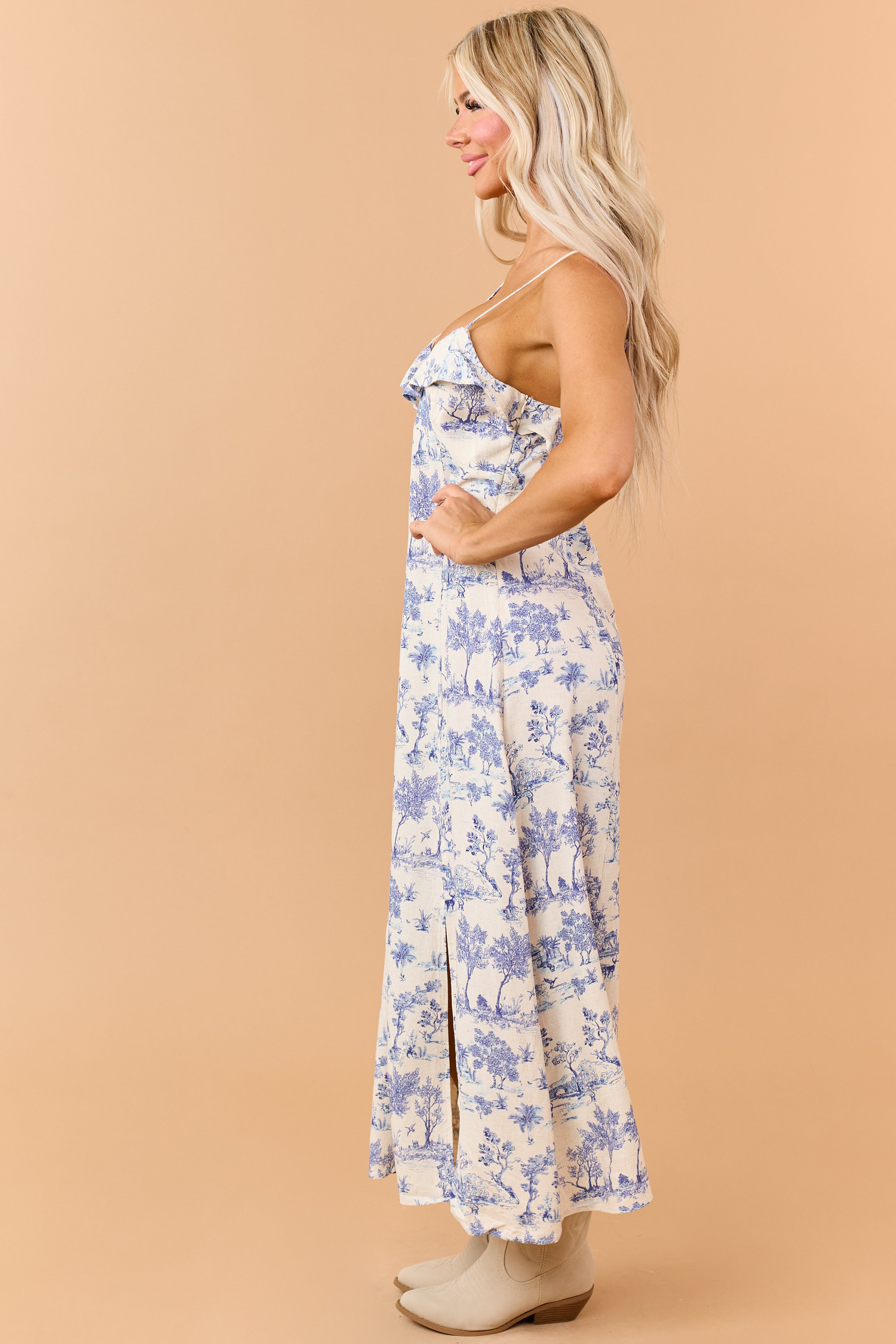Champagne Vintage Print Linen Blend Maxi Dress