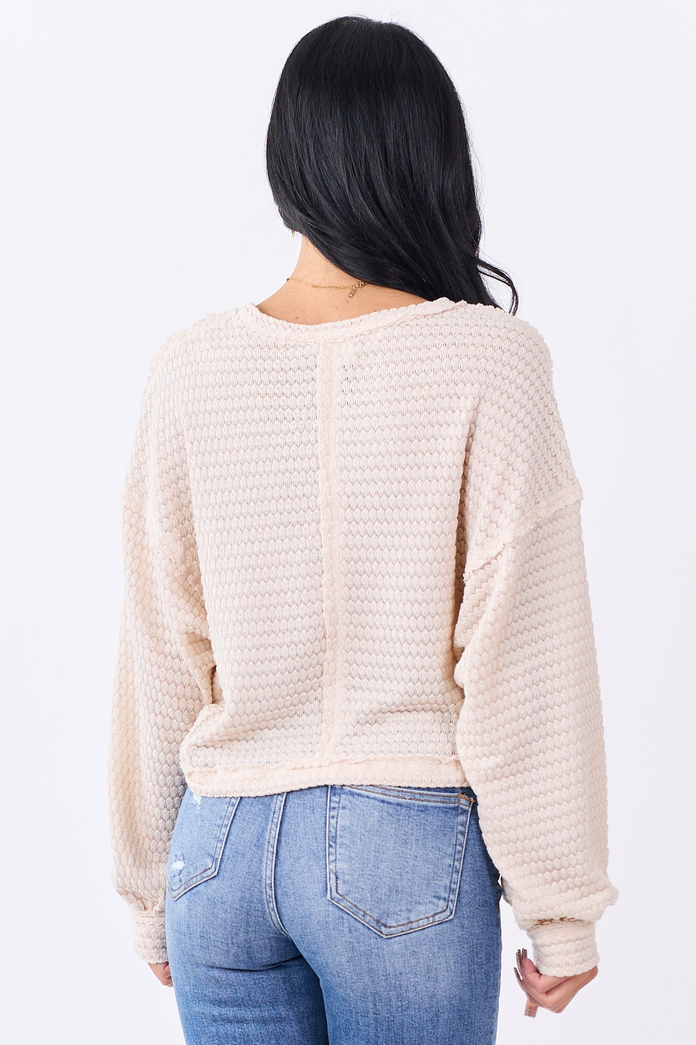 Champagne Waffle Knit Long Sleeve Boxy Top