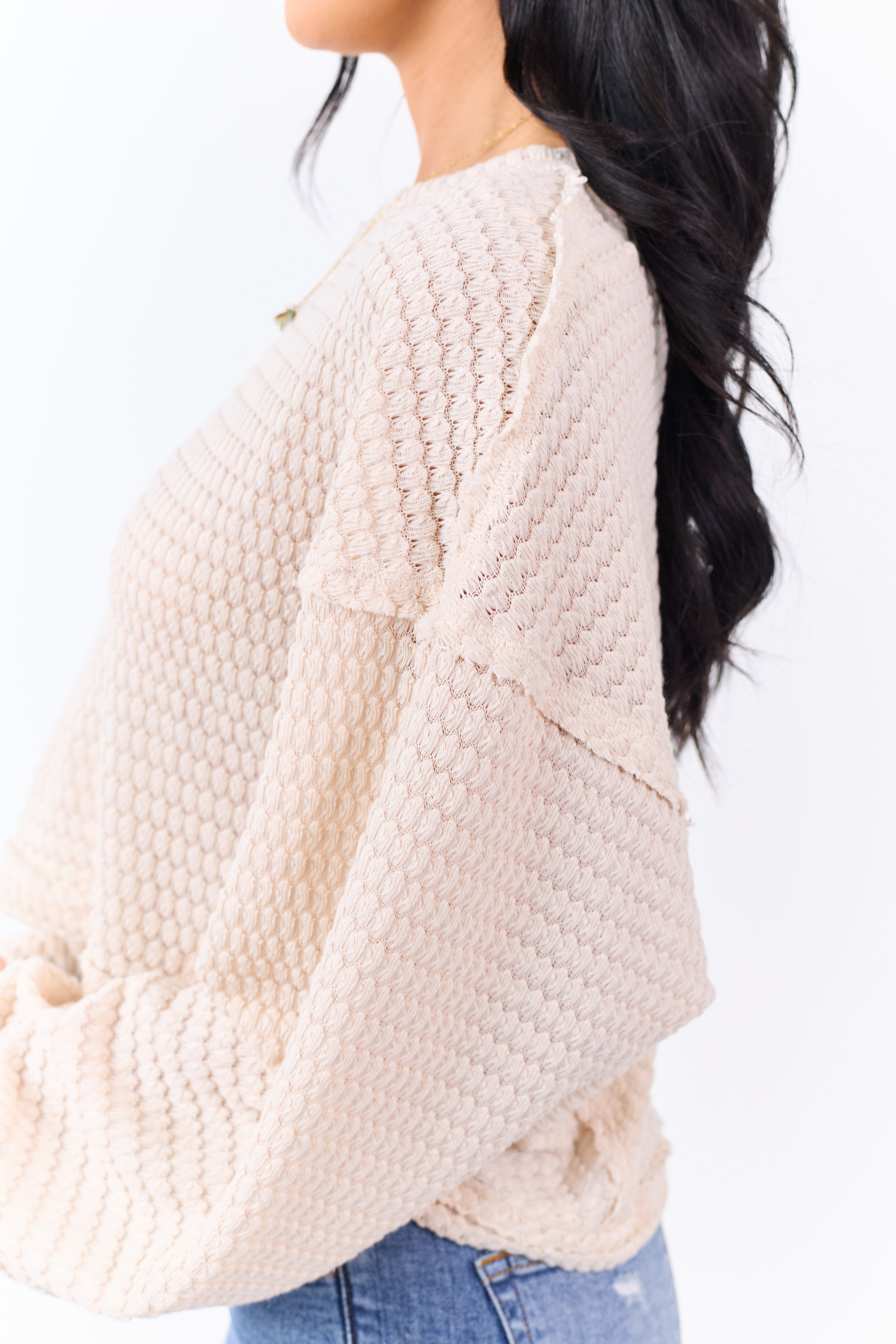 Champagne Waffle Knit Long Sleeve Boxy Top