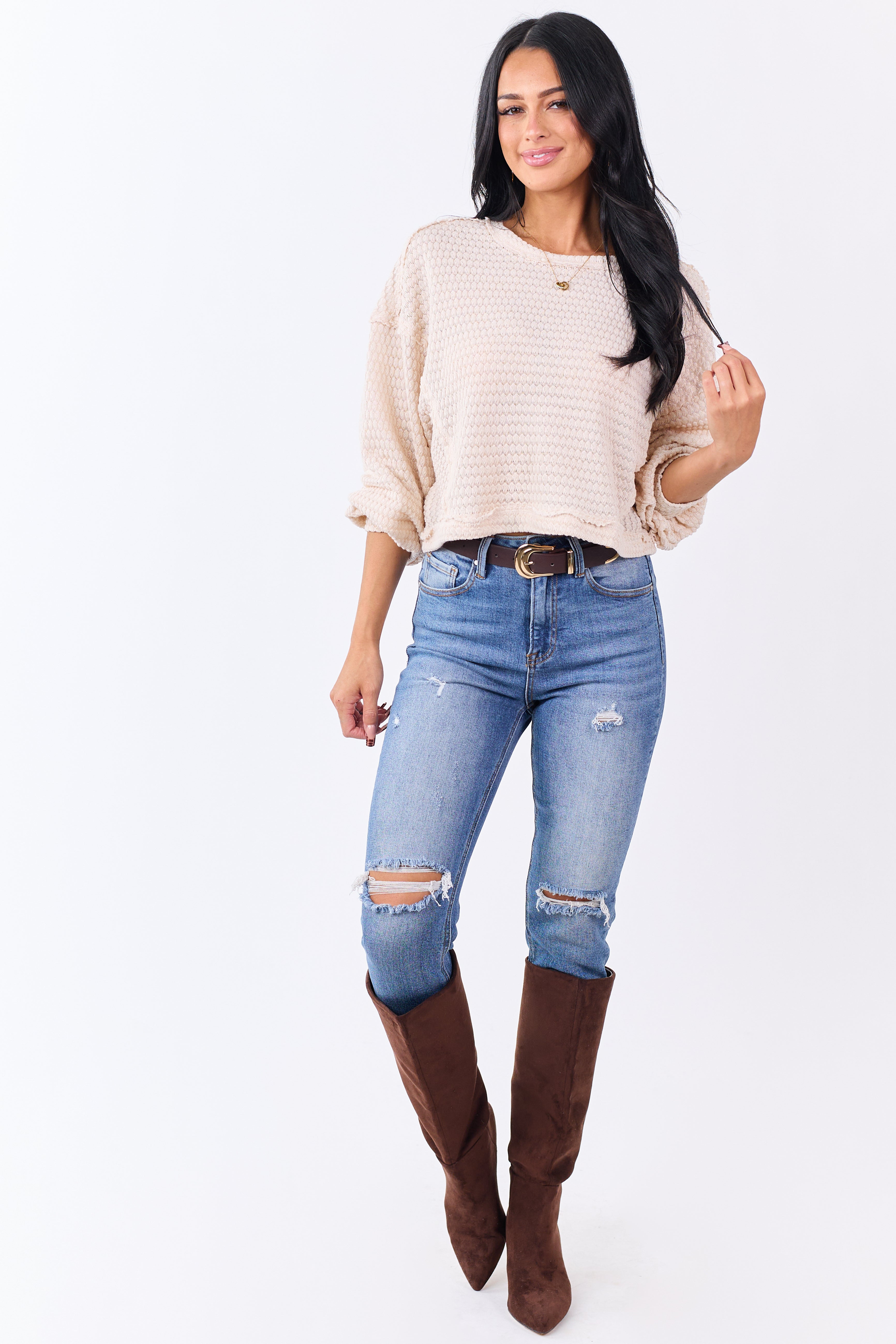 Champagne Waffle Knit Long Sleeve Boxy Top