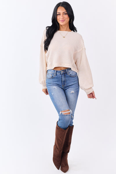 Champagne Waffle Knit Long Sleeve Boxy Top