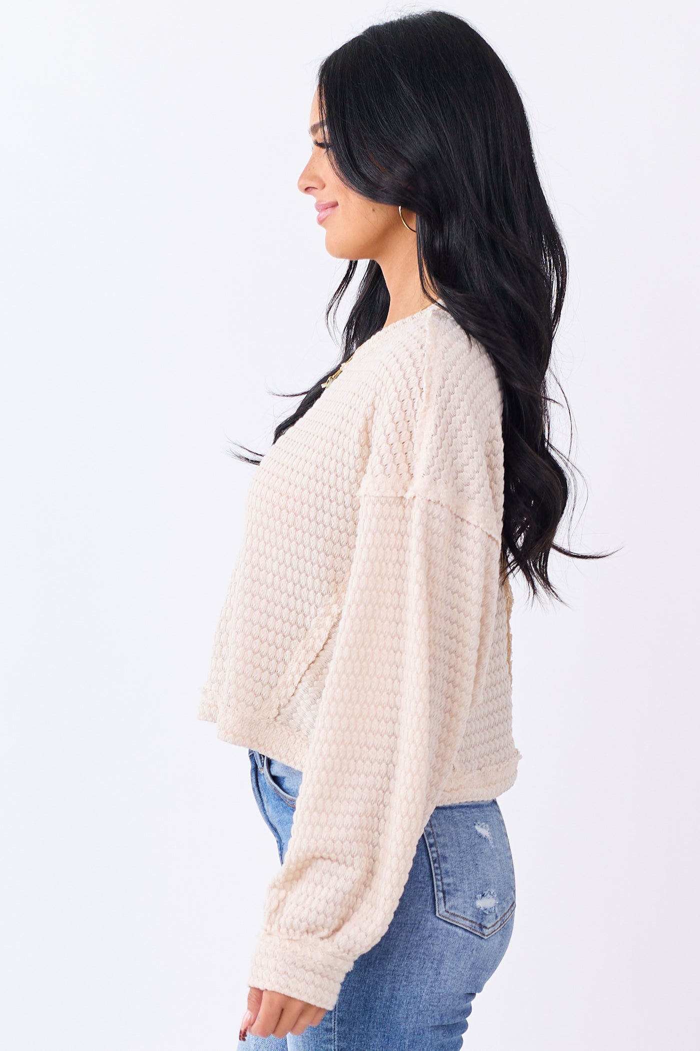 Champagne Waffle Knit Long Sleeve Boxy Top