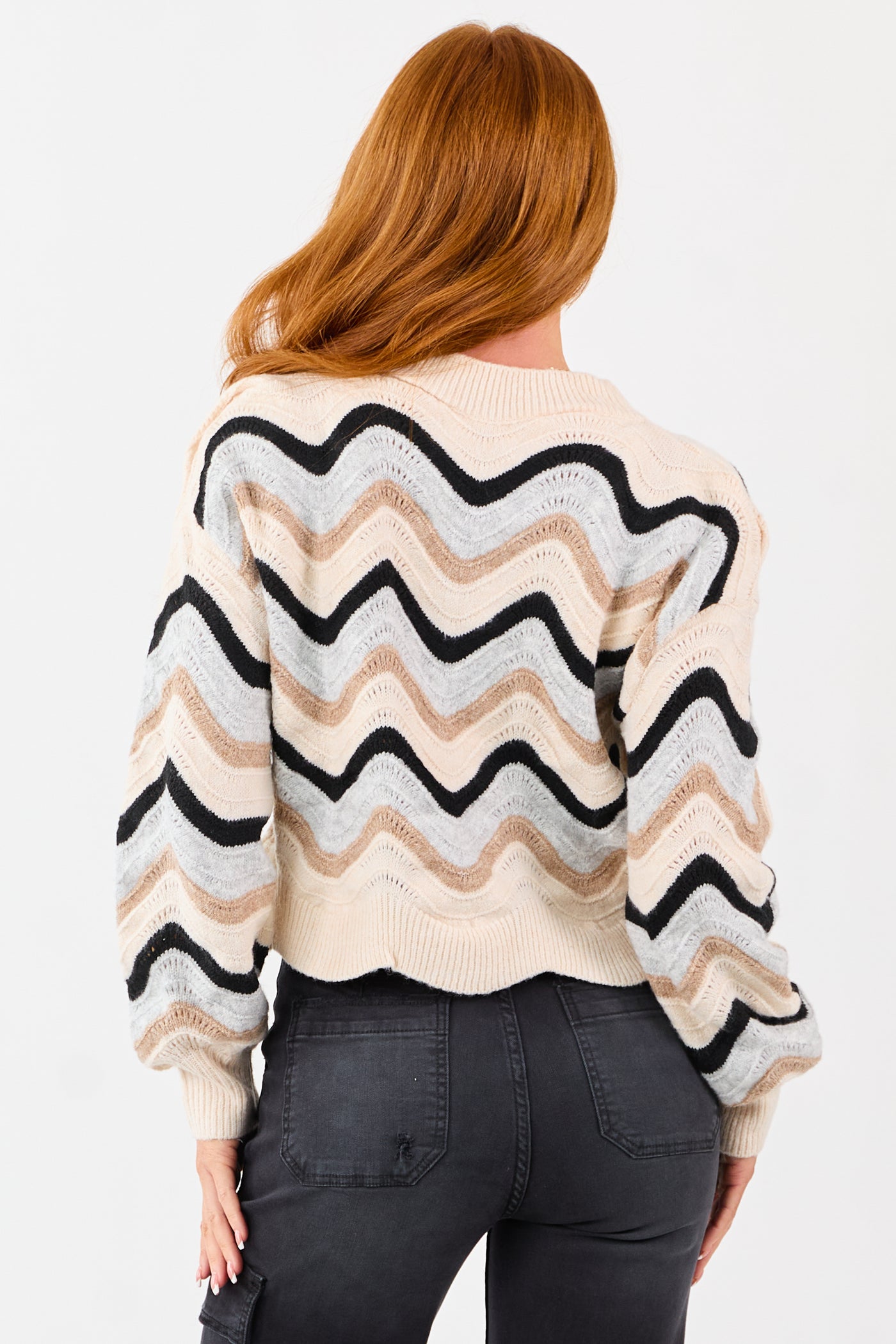 Champagne Wavy Strip Ribbed Trim Knit Sweater