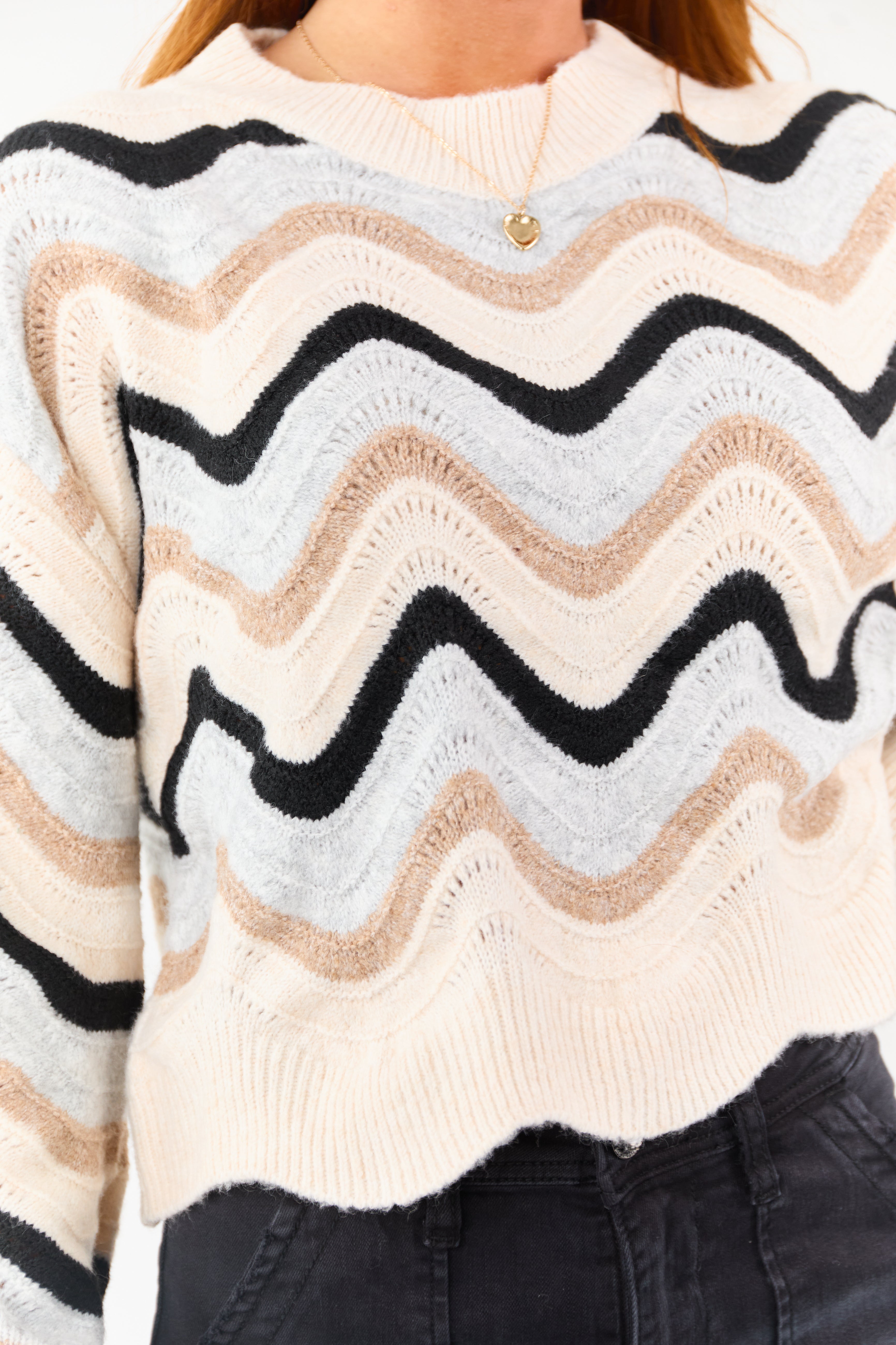 Champagne Wavy Strip Ribbed Trim Knit Sweater