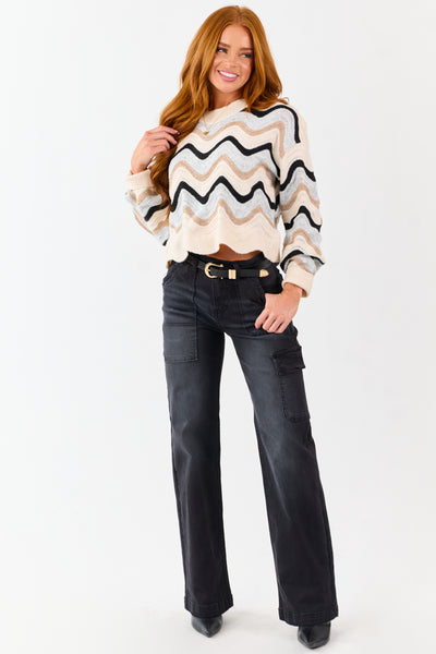 Champagne Wavy Strip Ribbed Trim Knit Sweater