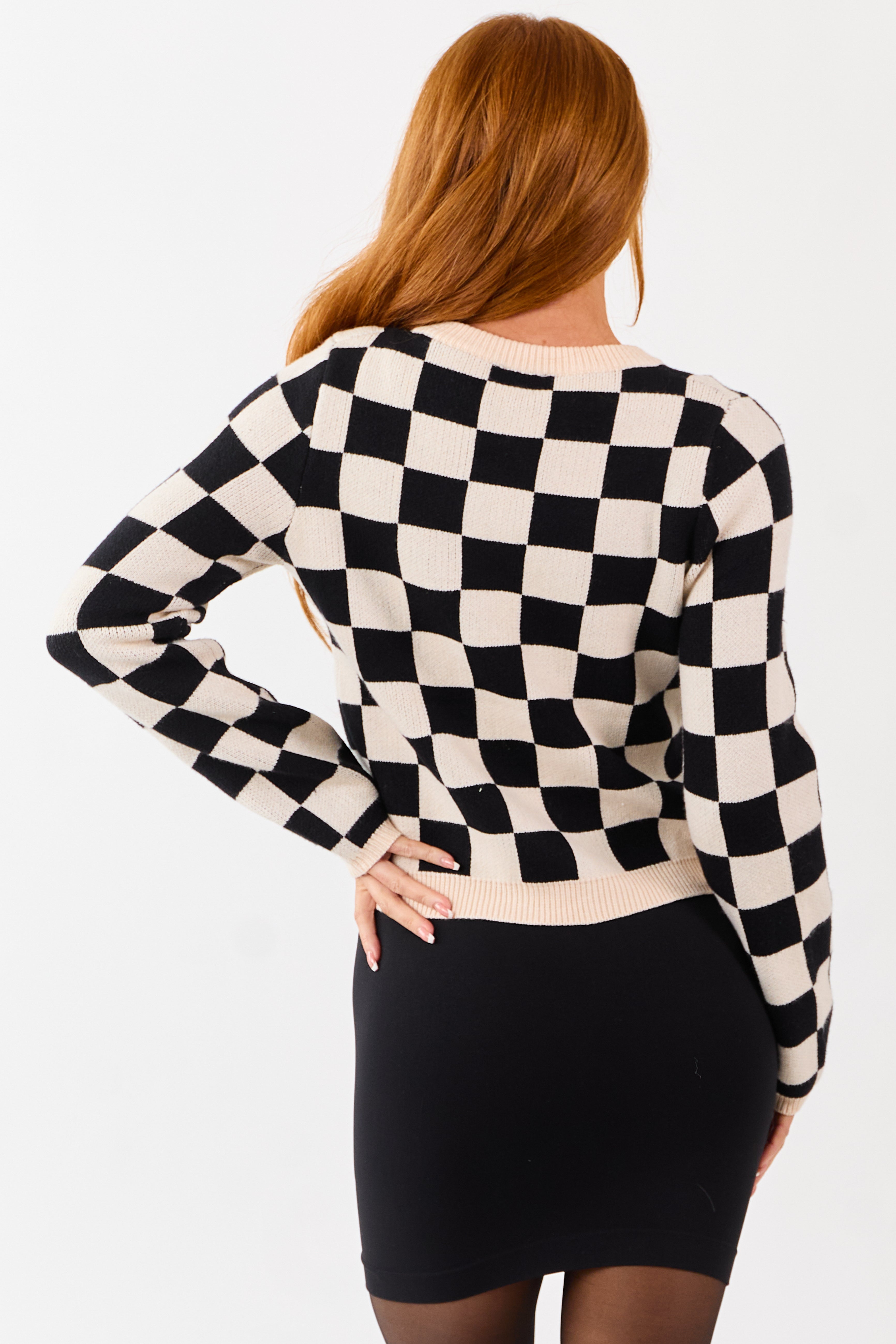 Champagne and Black Checkered Front Tie Cardigan