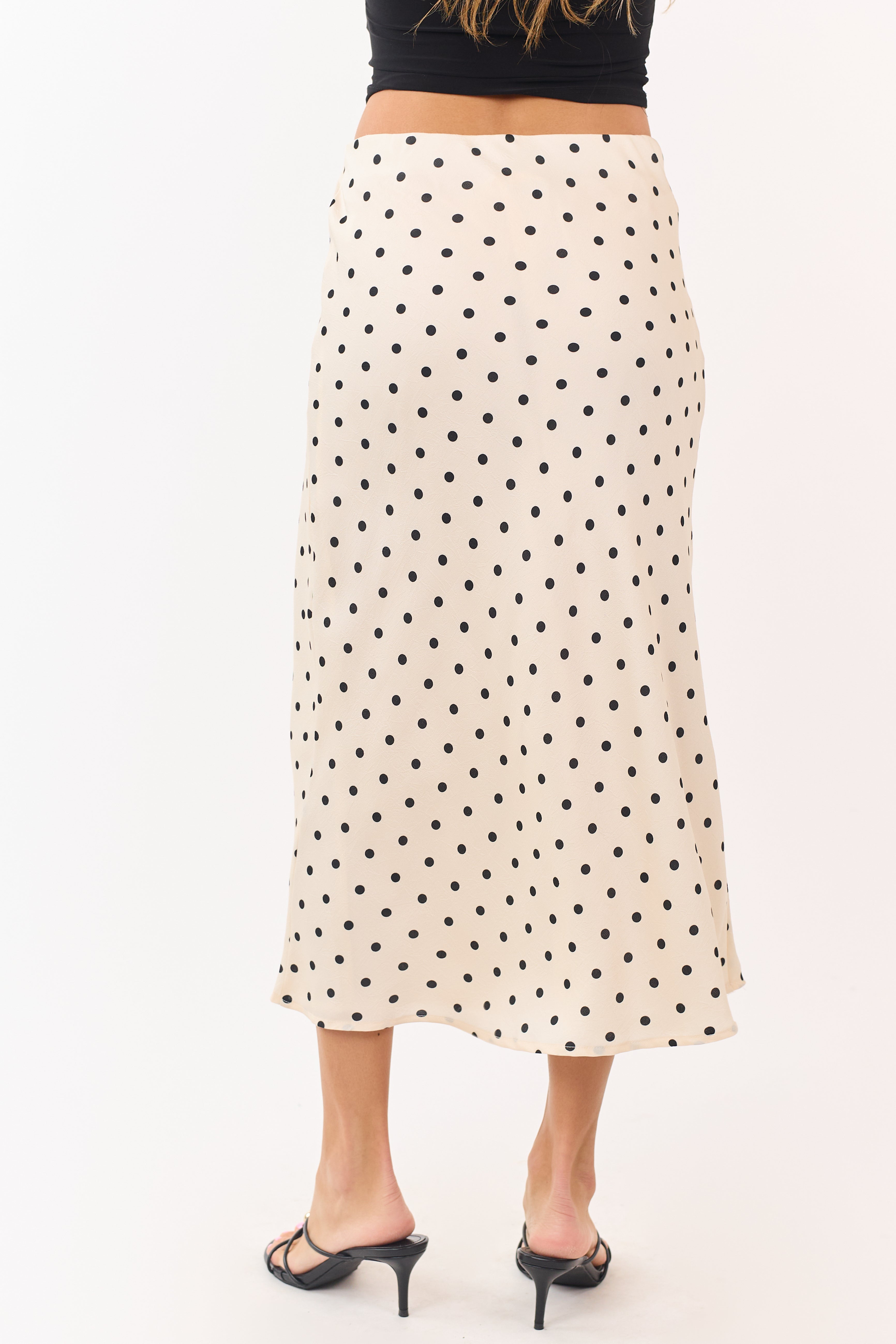 Champagne and Black Polka Dot Satin Midi Skirt