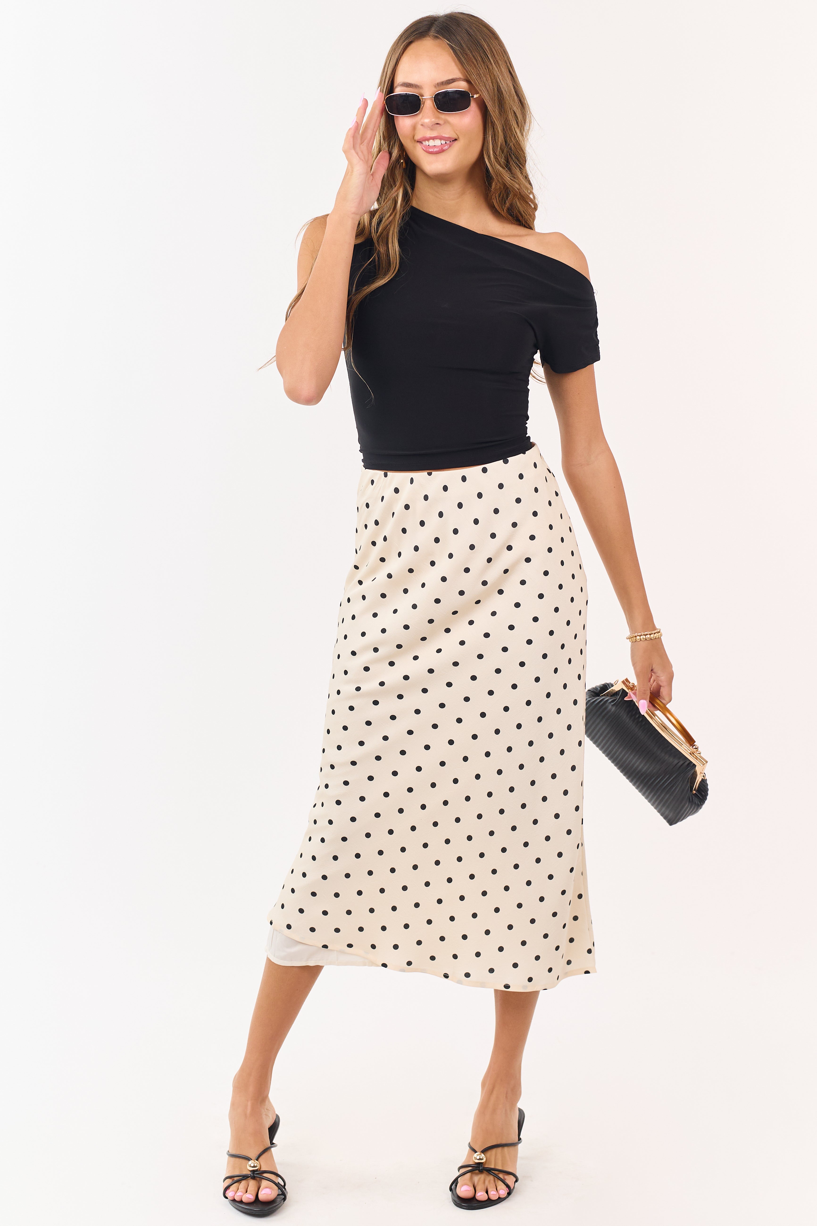 Champagne and Black Polka Dot Satin Midi Skirt | Lime Lush Boutique