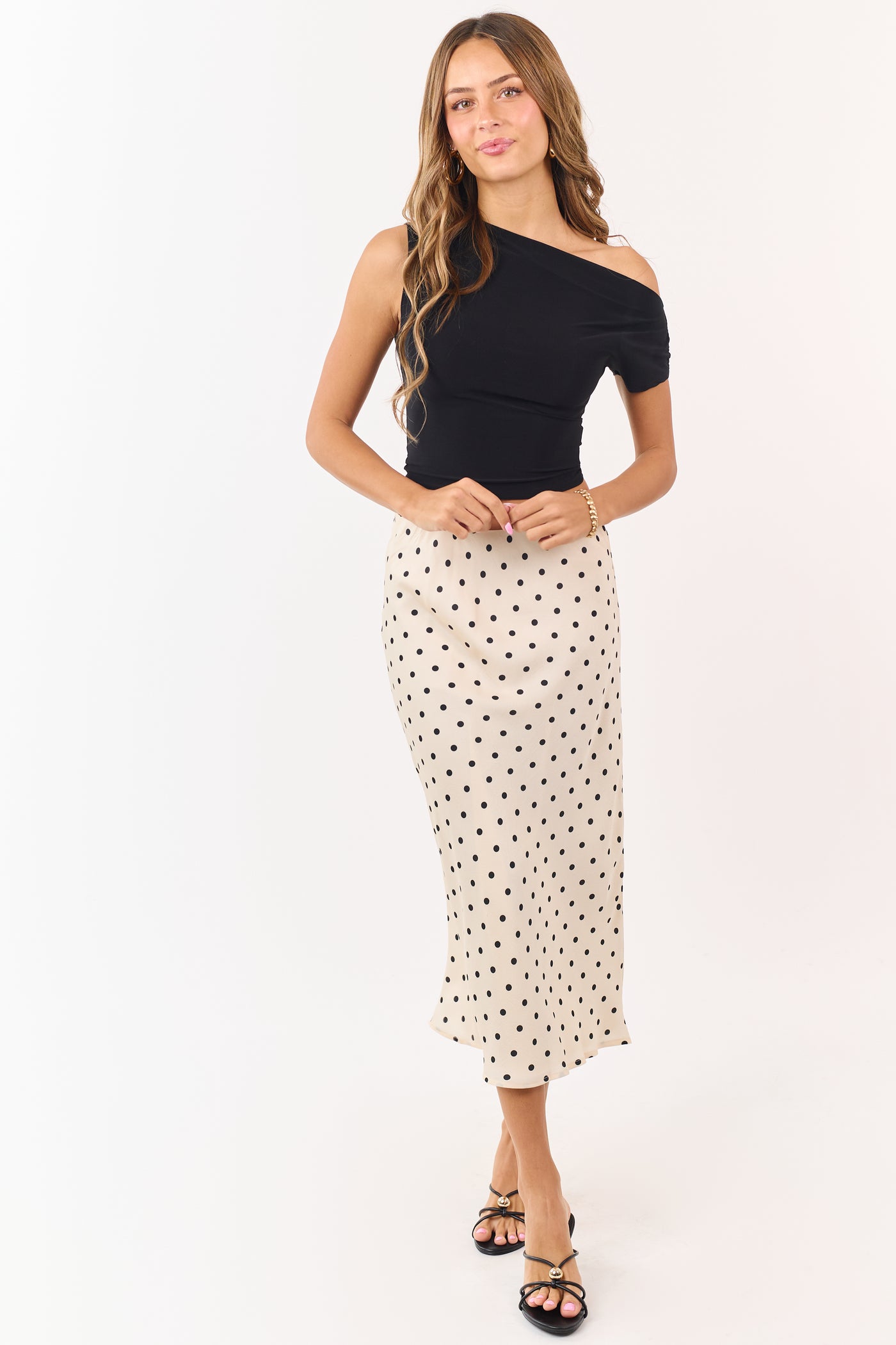 Champagne and Black Polka Dot Satin Midi Skirt