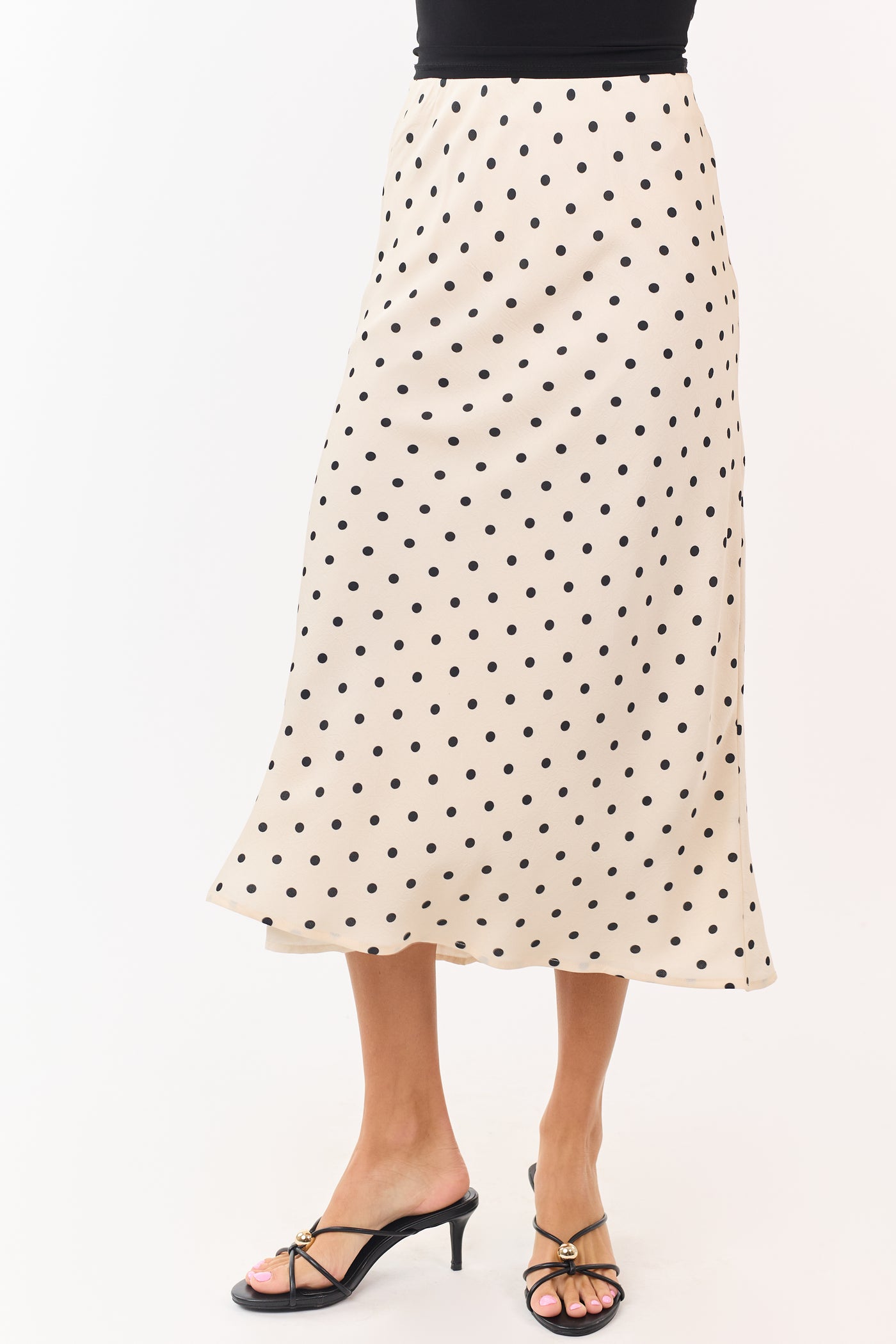 Champagne and Black Polka Dot Satin Midi Skirt