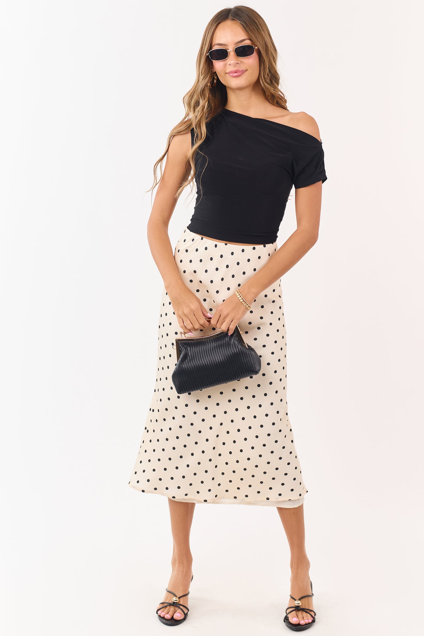Champagne and Black Polka Dot Satin Midi Skirt