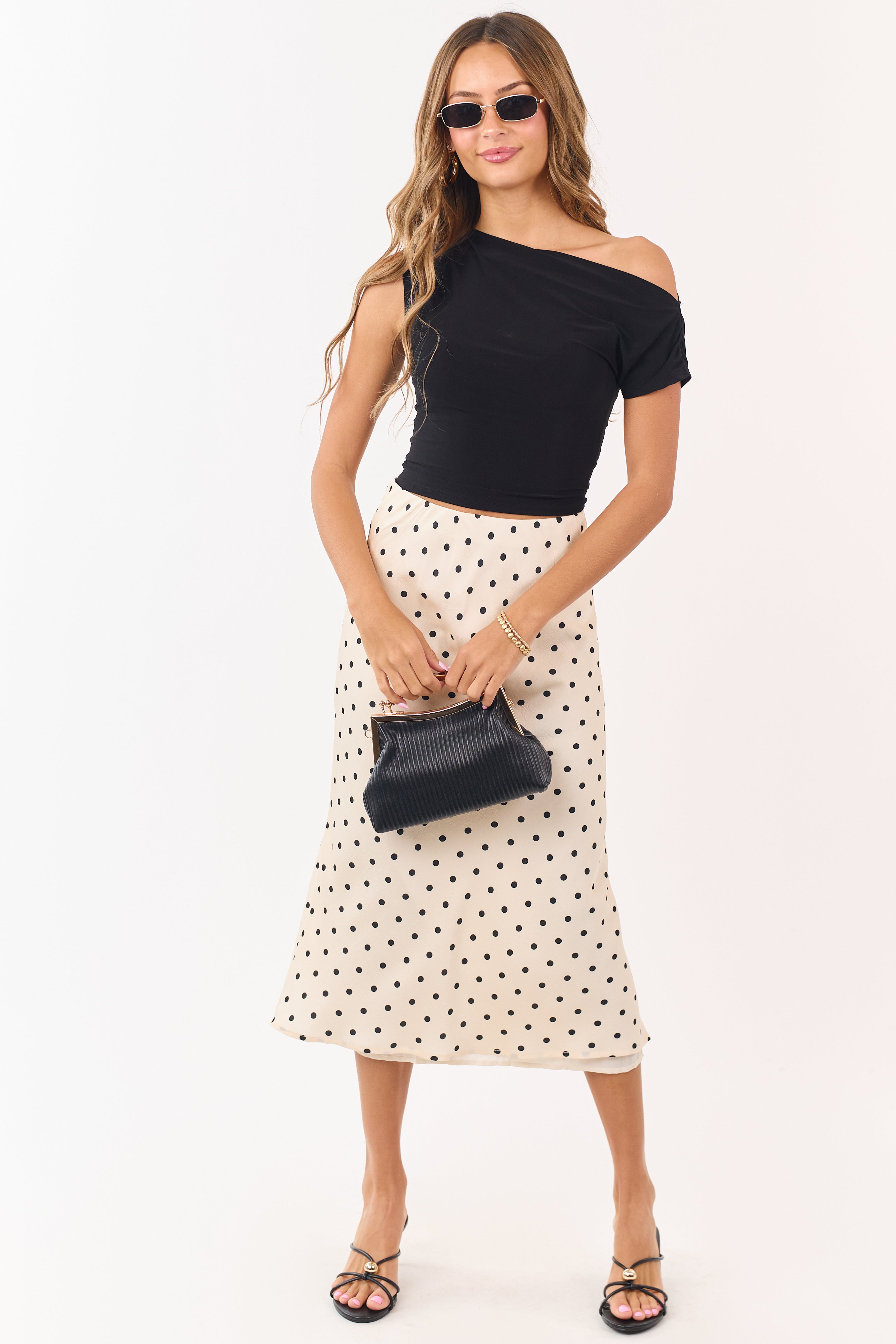 Champagne and Black Polka Dot Satin Midi Skirt