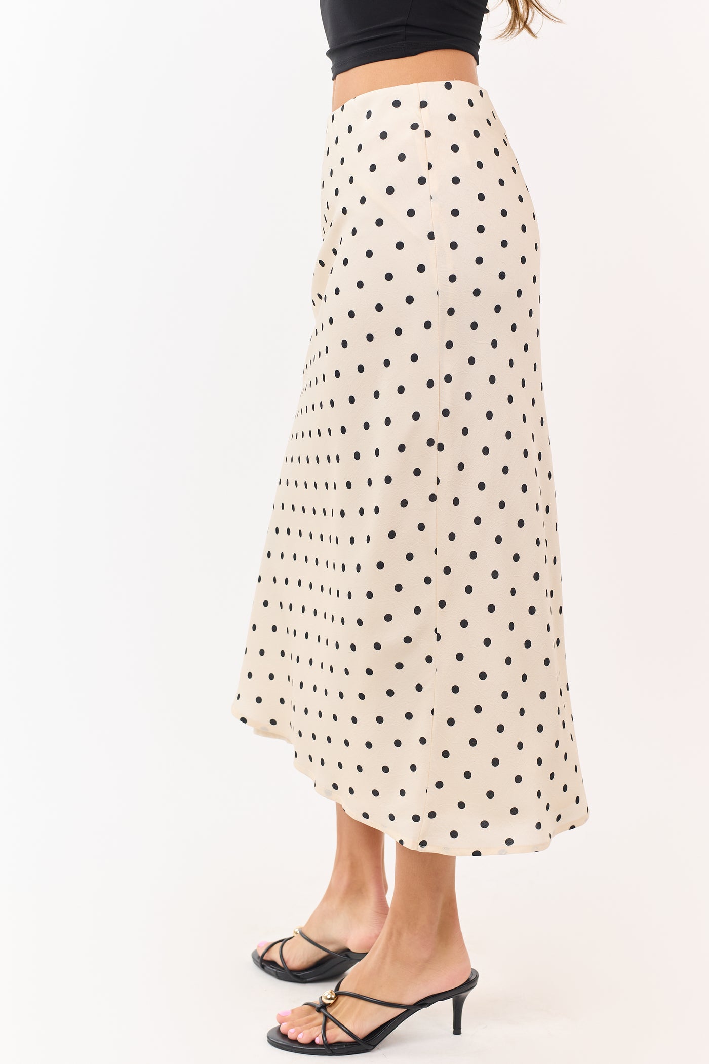 Champagne and Black Polka Dot Satin Midi Skirt