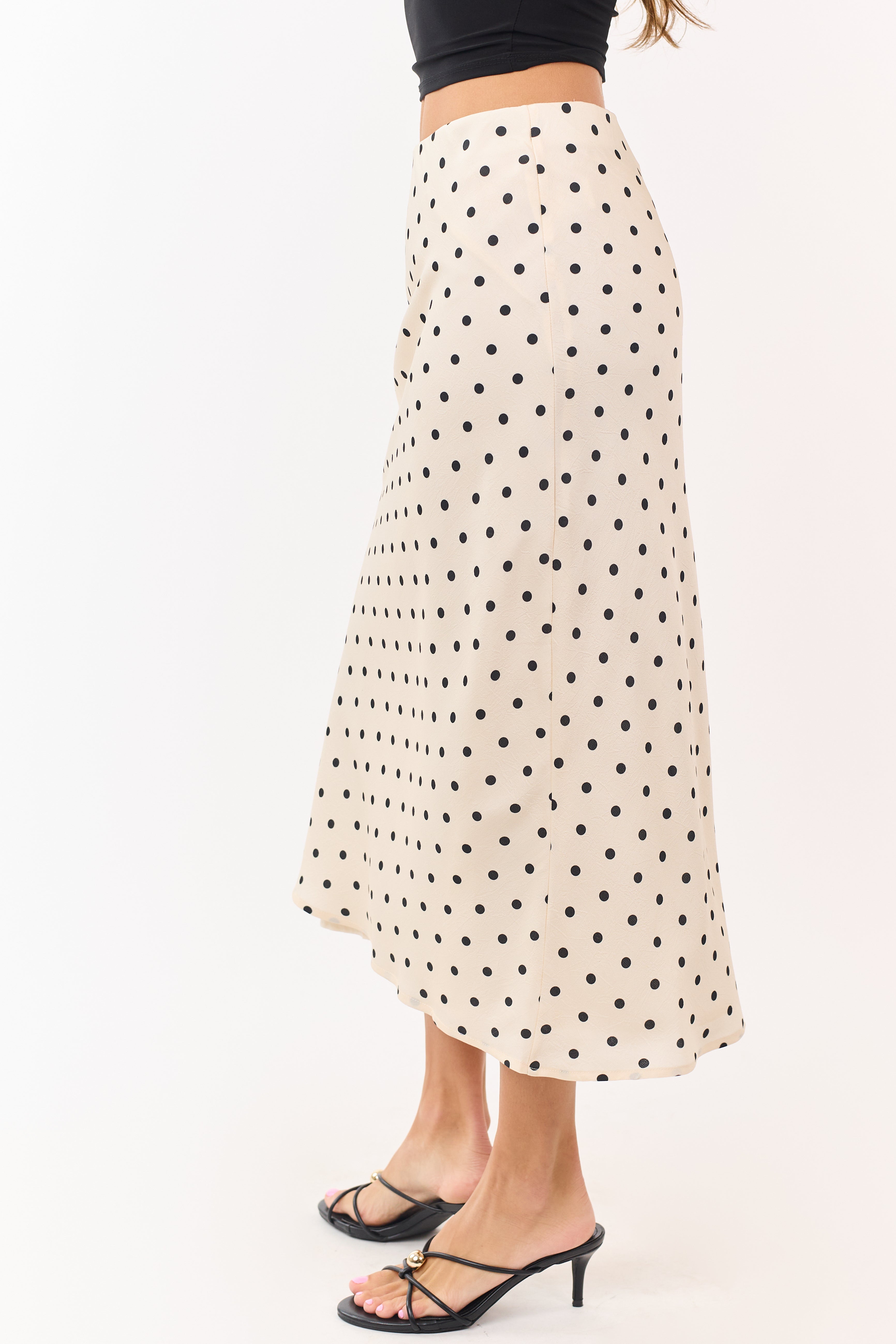 Champagne and Black Polka Dot Satin Midi Skirt