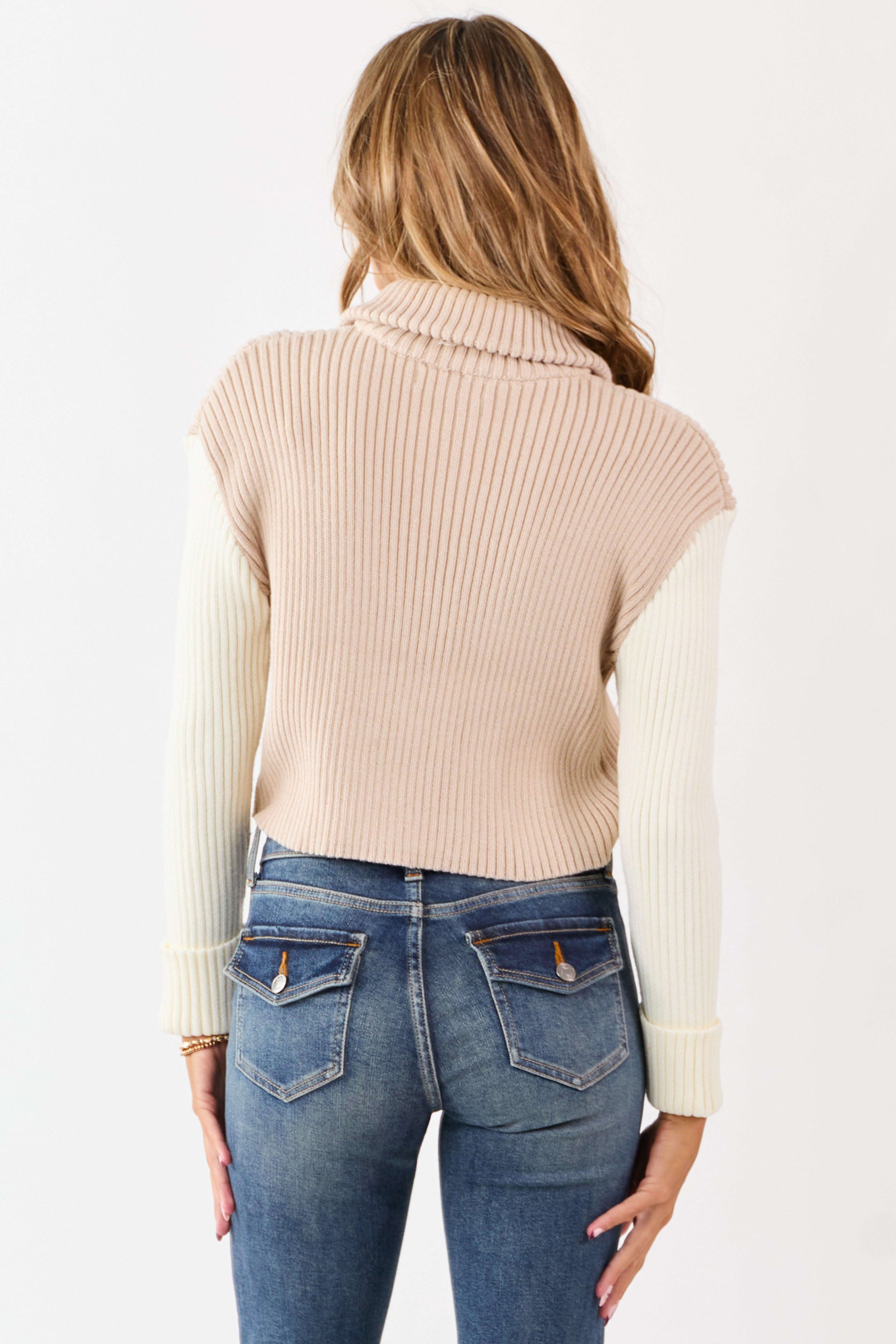 Champagne and Cream Contrast Sleeve Sweater Cardigan