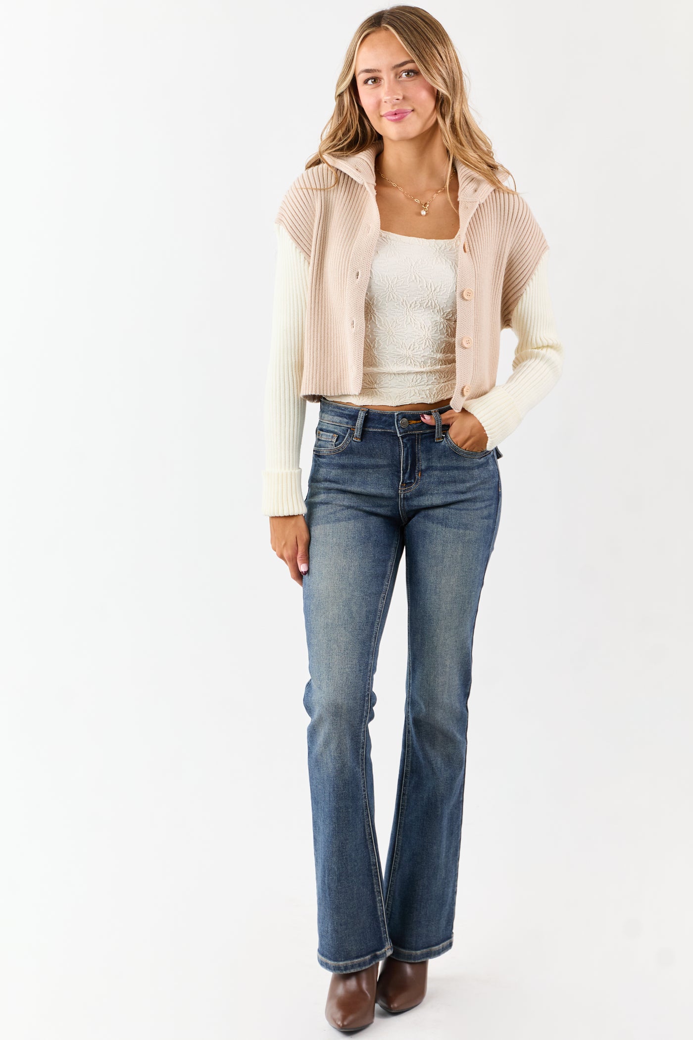 Champagne and Cream Contrast Sleeve Sweater Cardigan
