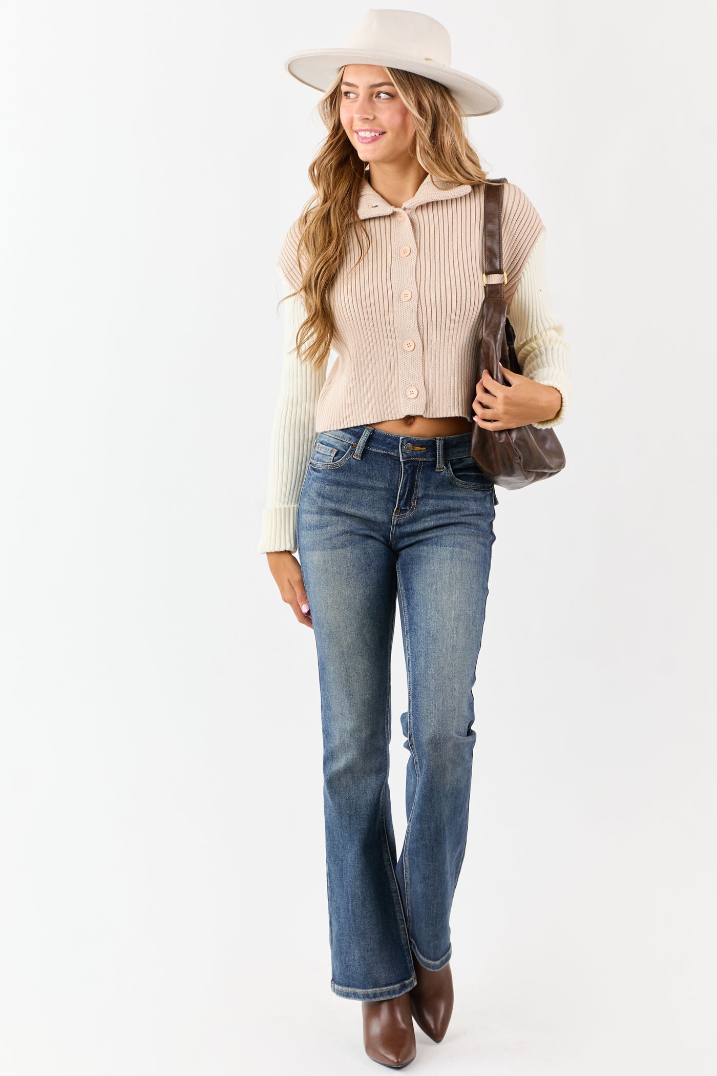 Champagne and Cream Contrast Sleeve Sweater Cardigan