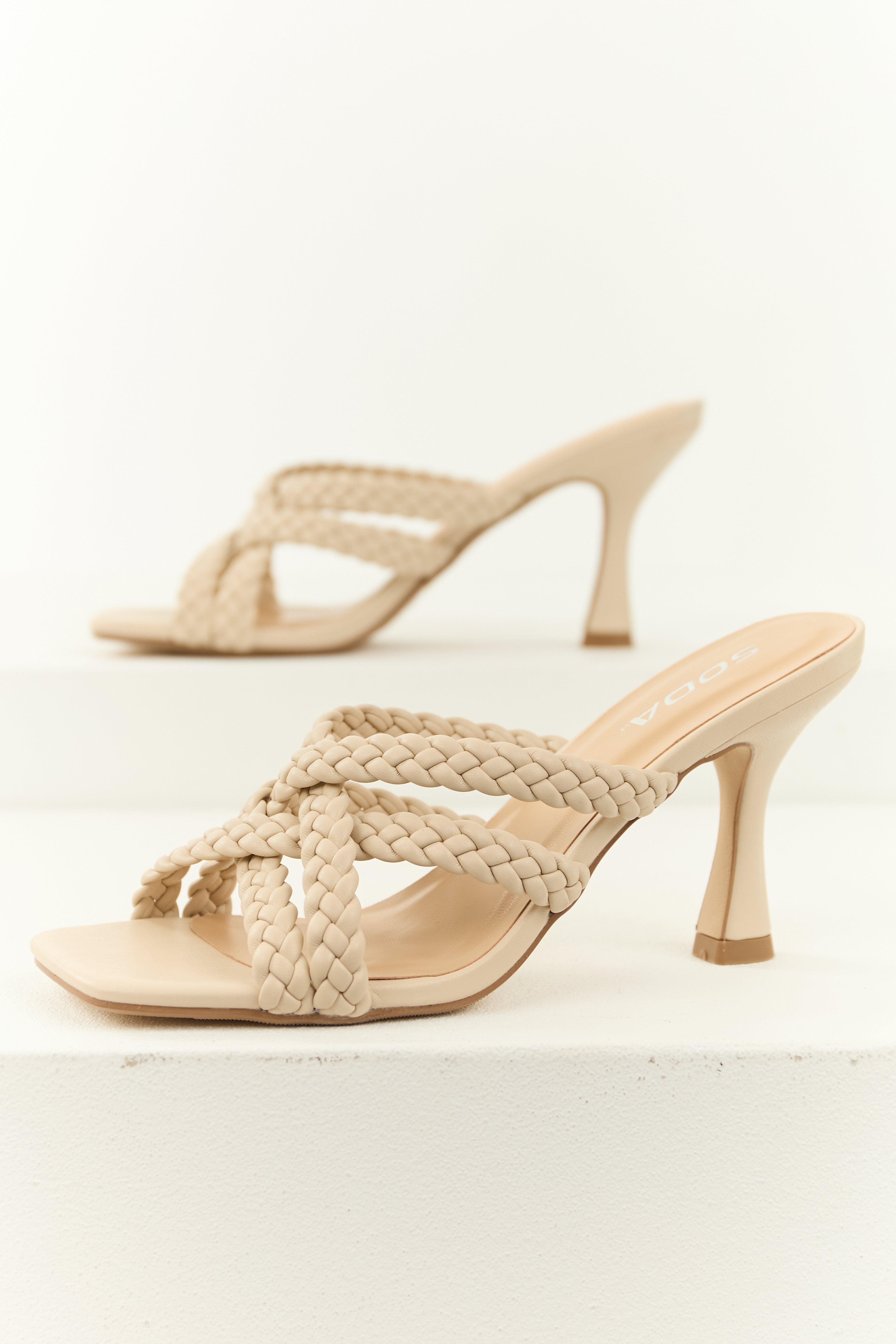 Champagne Braided Strap Square Toe Heels