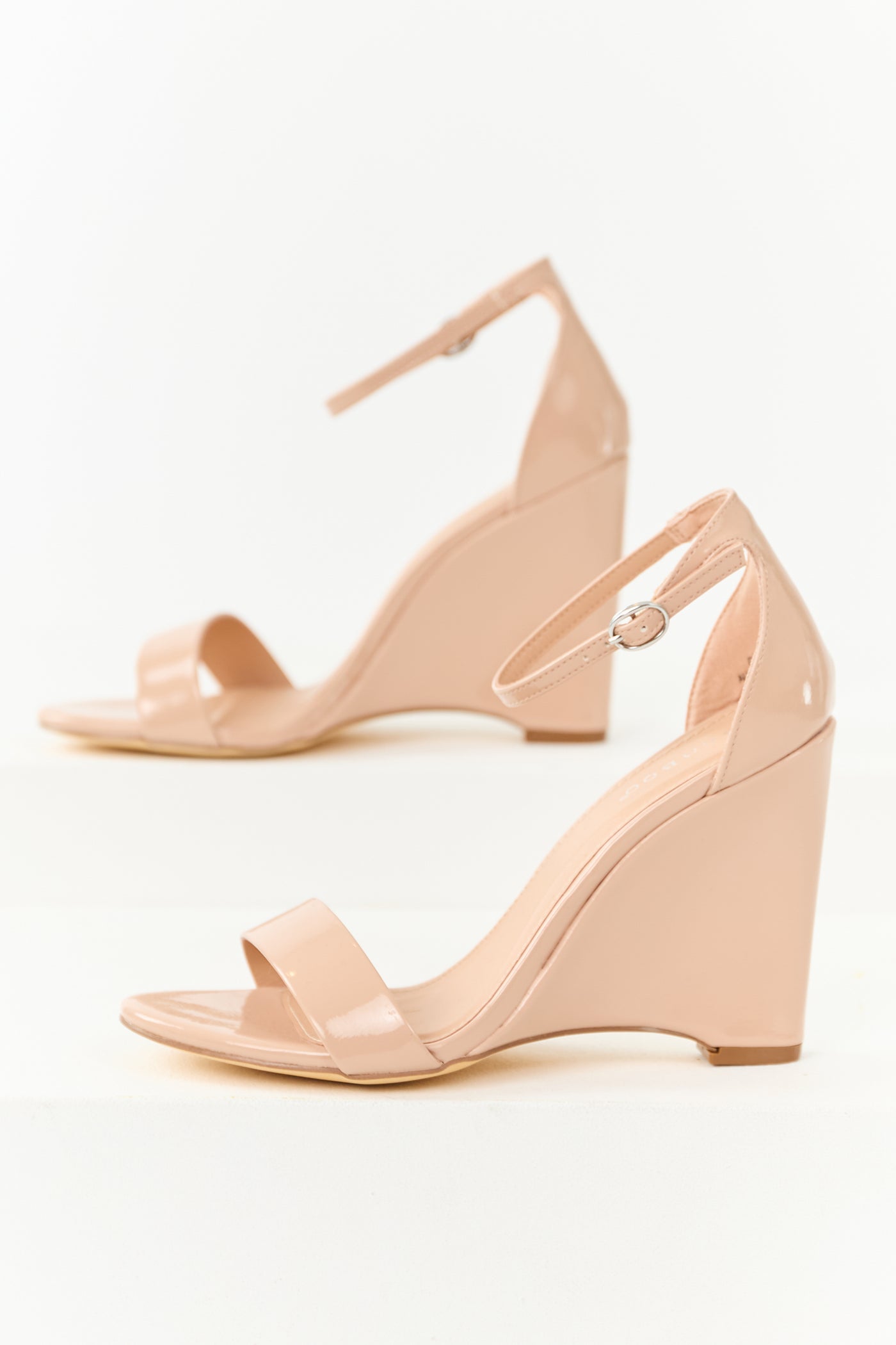Champagne Faux Leather Ankle Strap Wedges