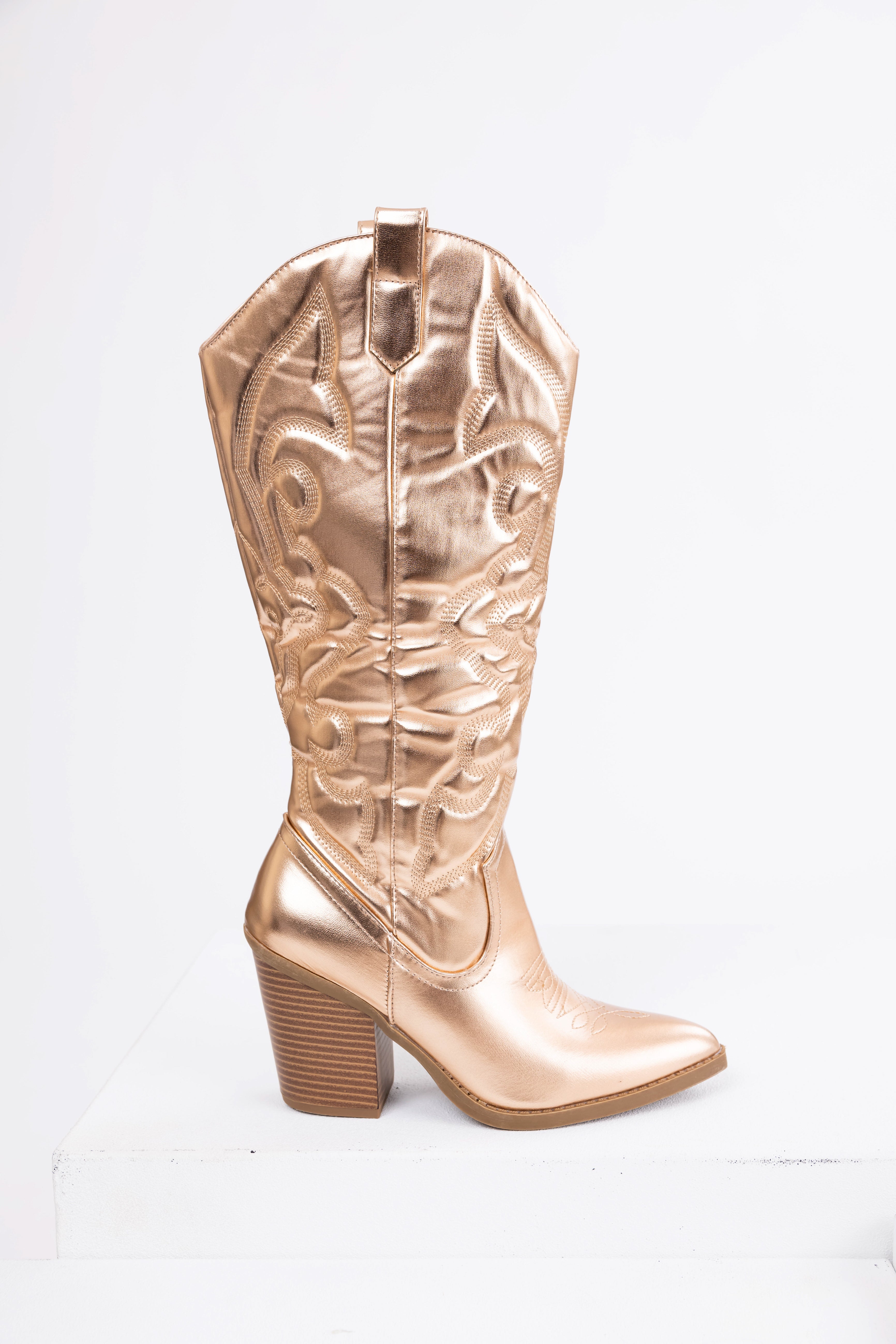 Champagne Faux Leather Metallic Western Boots | Lime Lush Boutique